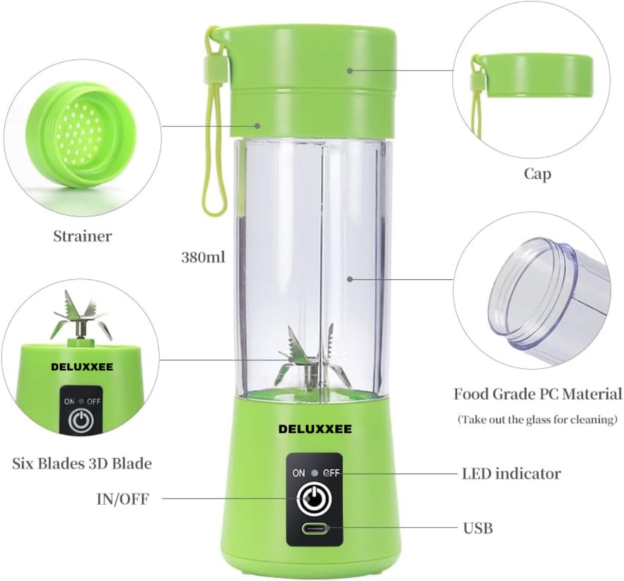 Portable USB Rechargeable Personal Blender for Shakes, Smoothies & Juices - 380ML Mini Travel Blender Bottle with Fruit Mixer - Perfect for Gym, Office & Outdoor Activities (Green)