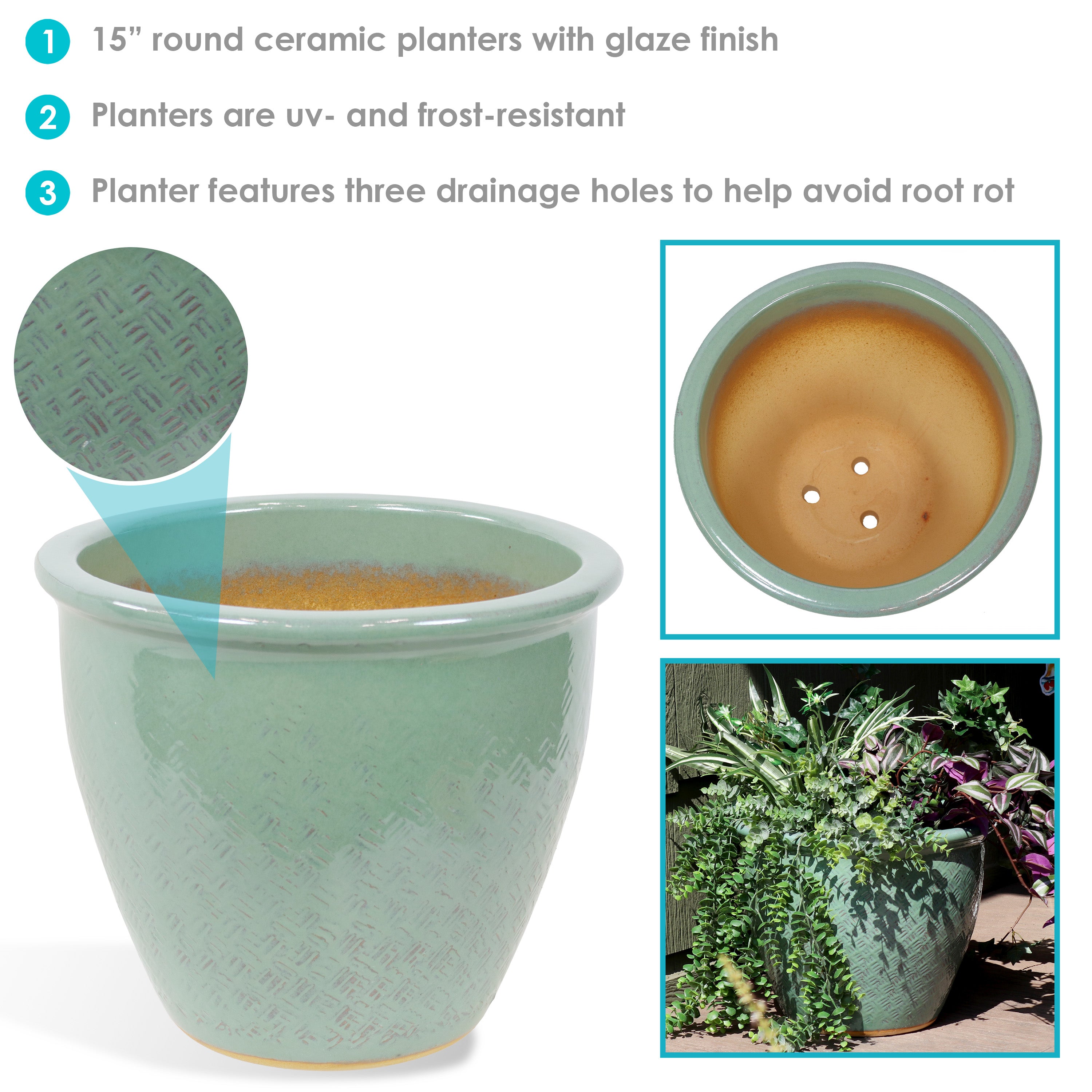 Sunnydaze Ocean Villa Glazed Ceramic Planter with Drainage Hole - 15 Inch Indoor/Outdoor Flower Pot for Succulents, Herbs & Houseplants - Perfect for Patio, Garden & Home Decor