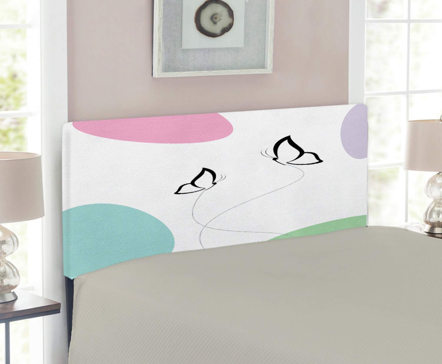 Ambesonne Butterfly Headboard - Twin Size Upholstered Metal Bed Frame with Memory Foam, Cheerful Spring Design Featuring Butterflies & Colorful Patterns in Pink Lilac Green - Perfect for Girls' Bedroom, Guest Room & Spring-Themed Decor