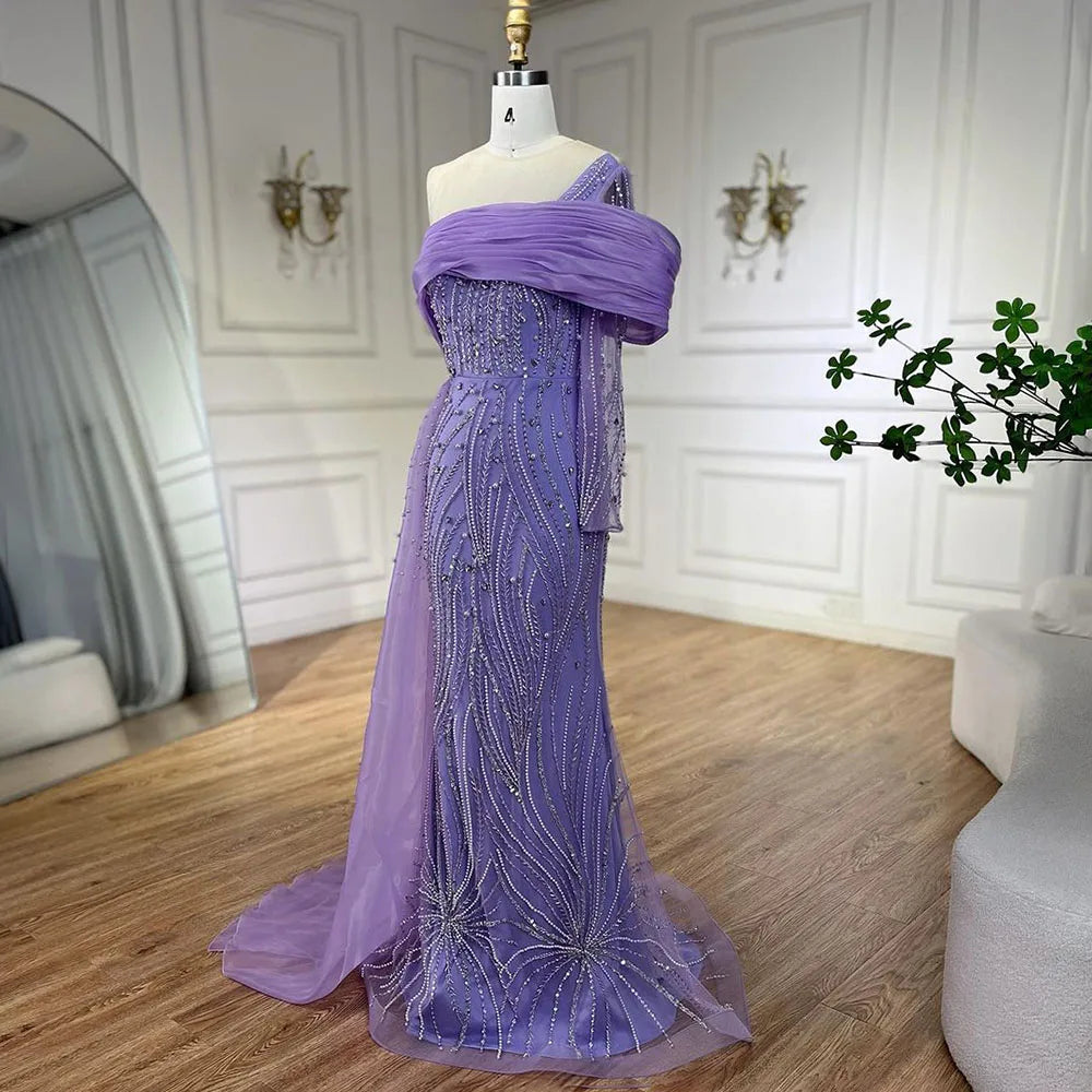 Elegant Purple Arabic Evening Dress with Side Train & Pearls - One Shoulder Formal Gown for Women | Perfect for Prom, Wedding & Special Occasions | 2025 LA72332A