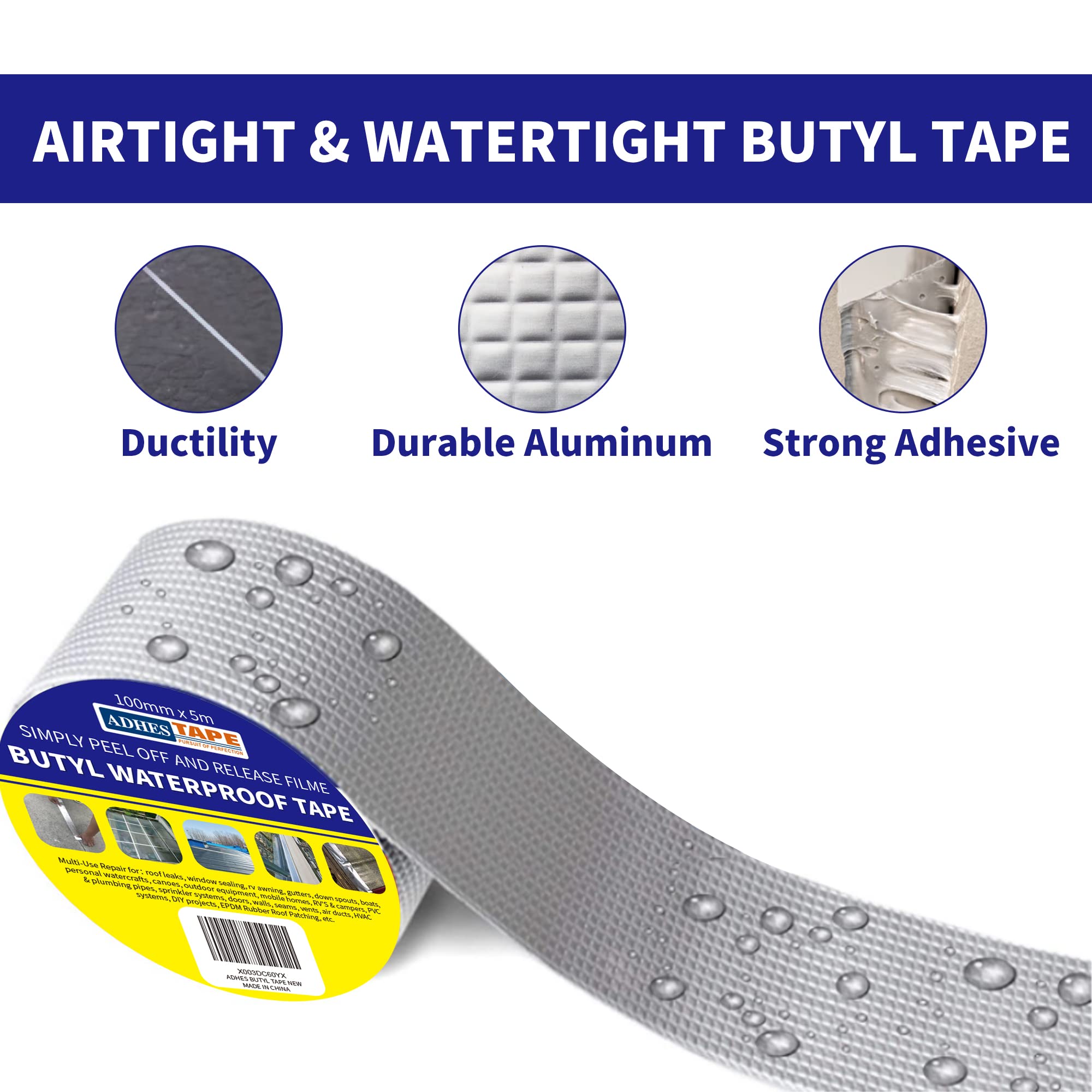 Butyl Tape Waterproof Sealant - 50mm x 5m (2inch x 16ft) Aluminum Foil Tape for RV Repair, Boat Sealing, Window Glass, Pipe & EPDM Rubber Roof Patching - Heavy Duty Adhesive for Home, Automotive & Marine Applications (Silver, 30 Rolls Pack)