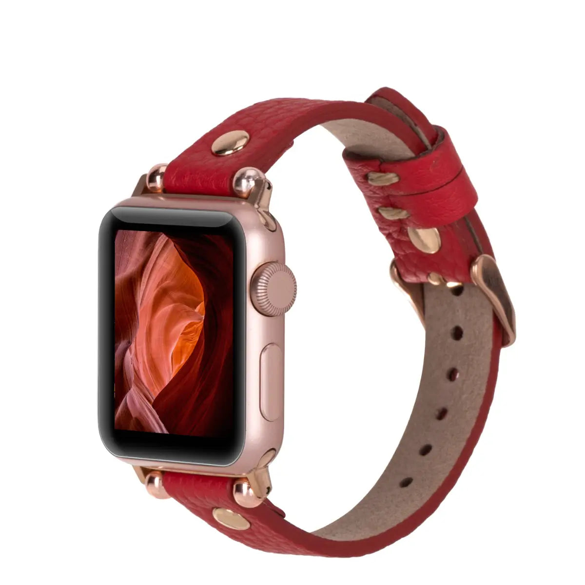 Premium Red Leather Ultra Slim Apple Watch Band with Gold Rivet - Stylish & Durable Replacement Strap for Workouts, Office & Everyday Wear