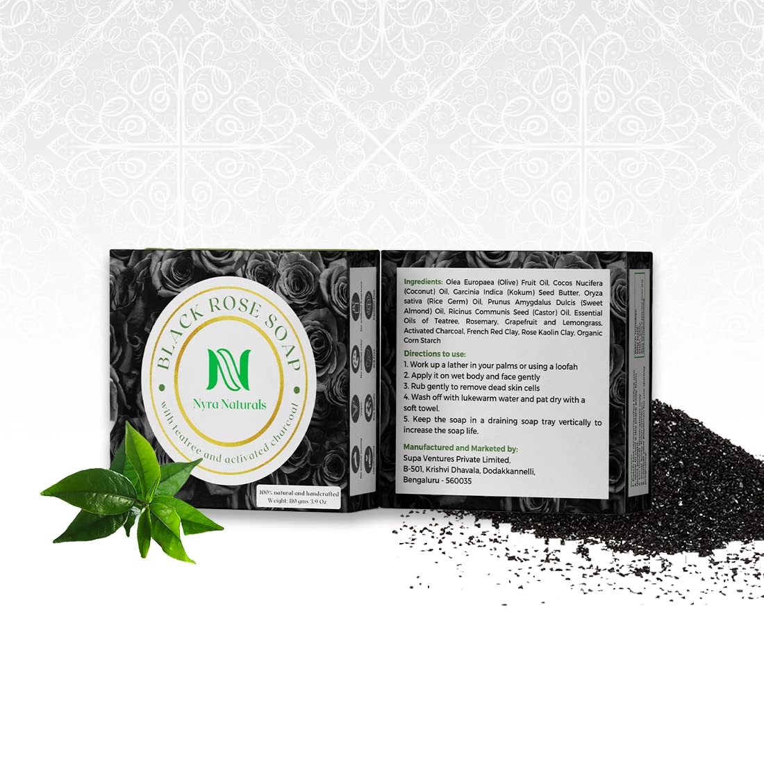 Nyra Naturals Activated Charcoal & Tea Tree Essential Oil Soap - Cold Processed Handmade Bath Bar for Acne & Detox - Black Rose Scented (Pack of 1) | Perfect for Sensitive Skin & Deep Cleansing