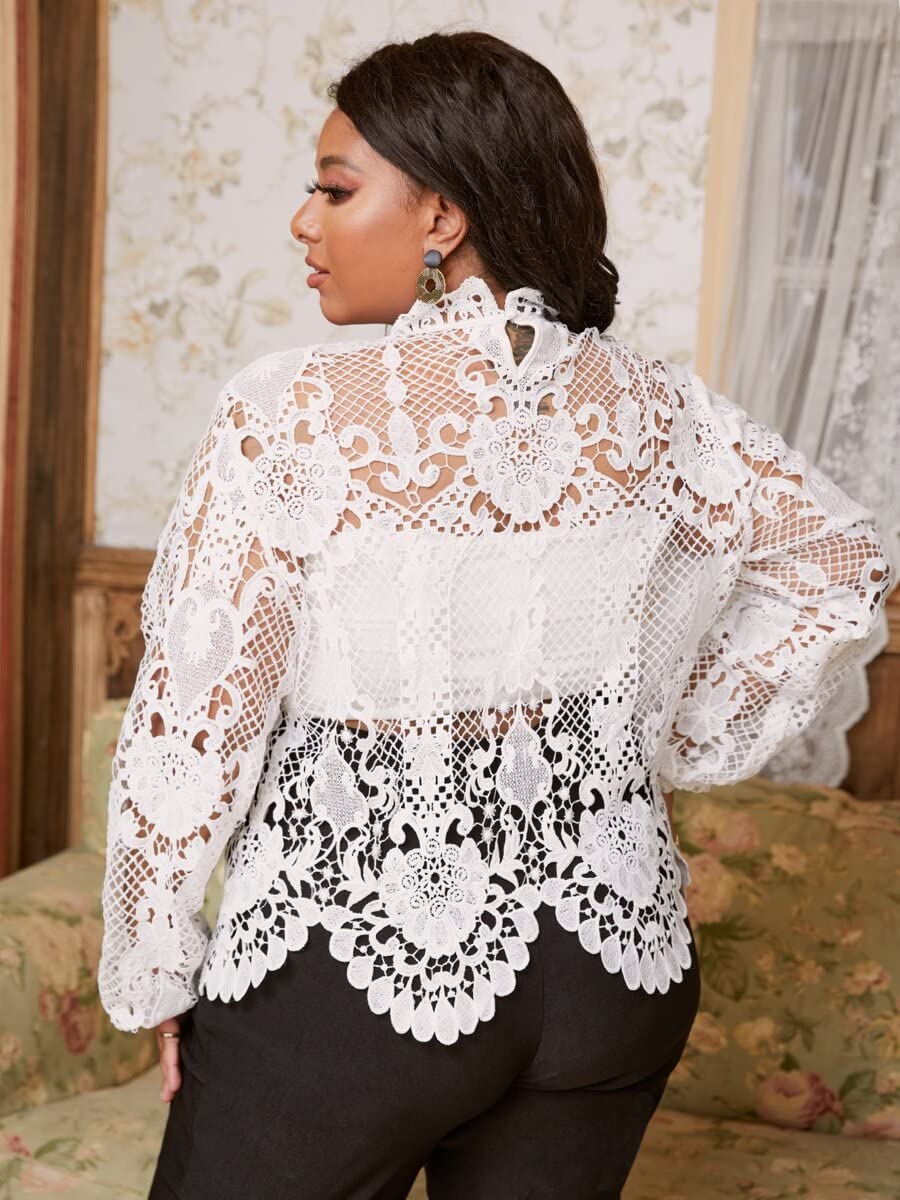 TINMIIR Women's Plus Size Guipure Lace Scallop Trim Blouse - Elegant White 0XL Top for Casual Wear, Office & Special Occasions