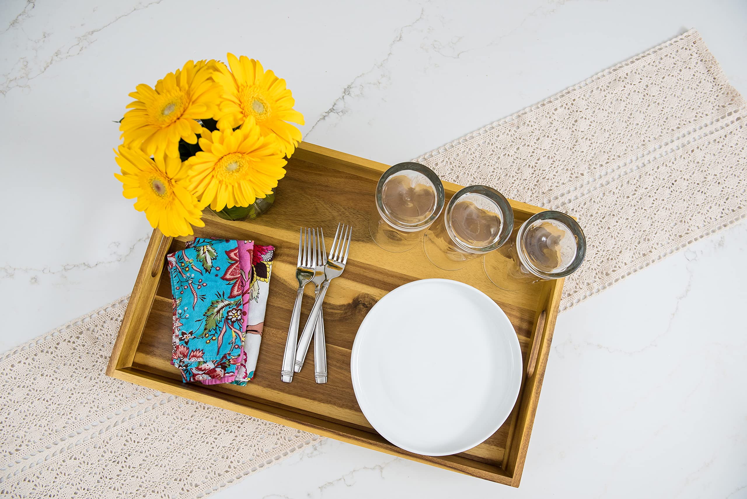 Lipper International 1295 Acacia Wood Large Serving Tray with Cut-Out Handles - 20.5