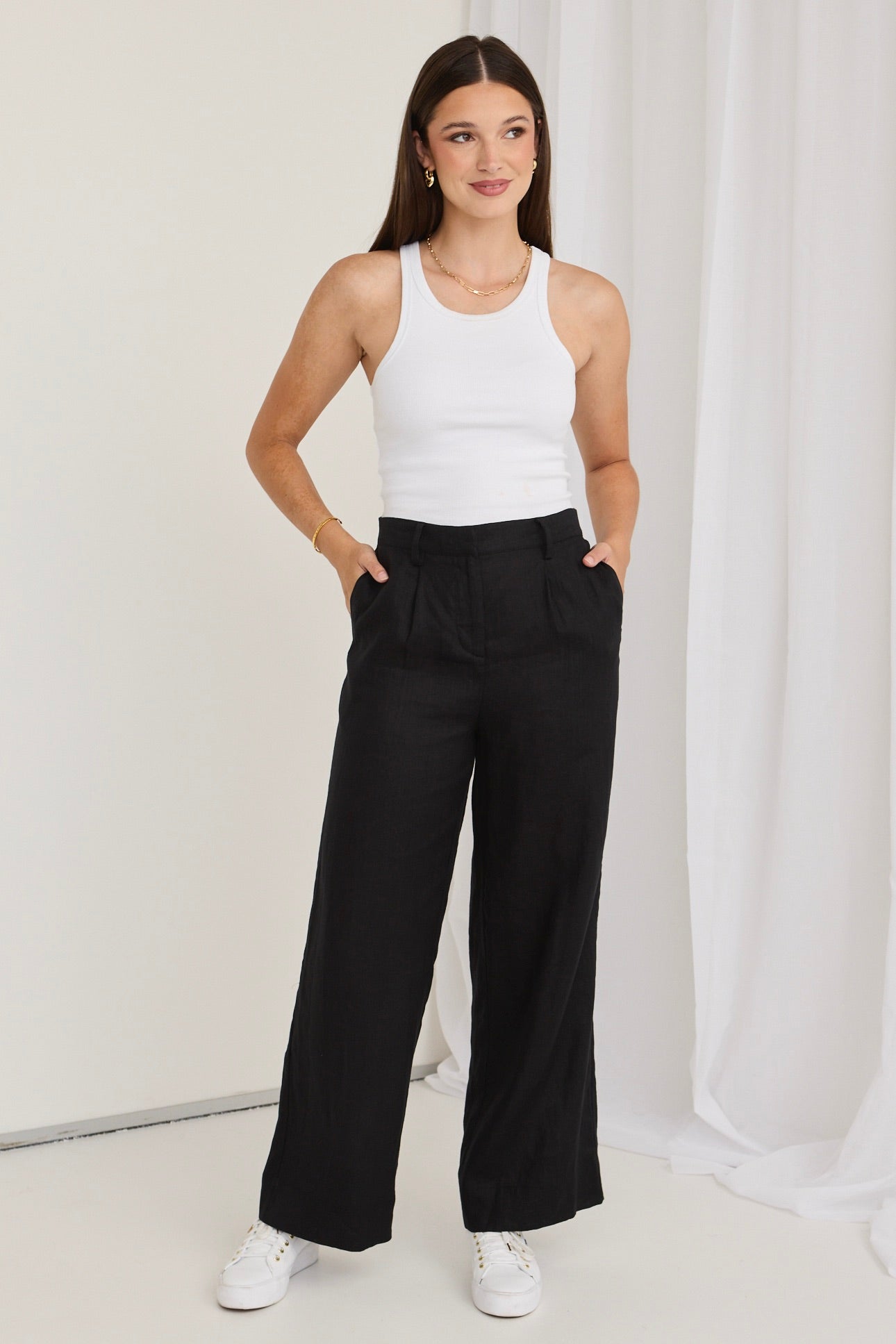 Stylish Island Black Linen Pleat Front Wide Leg Pants for Women - Comfortable Summer Casual Trousers for Beach, Office & Vacation Wear