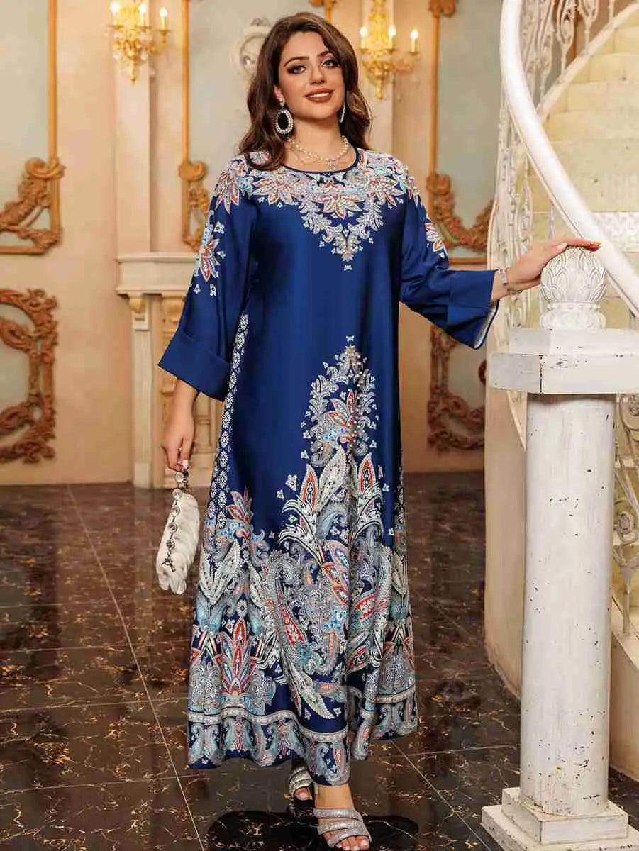 Elegant Hotfix Rhinestone Printed Caftan Kaftan Dress for Women - Perfect for Eid Celebrations, Weddings & Special Occasions