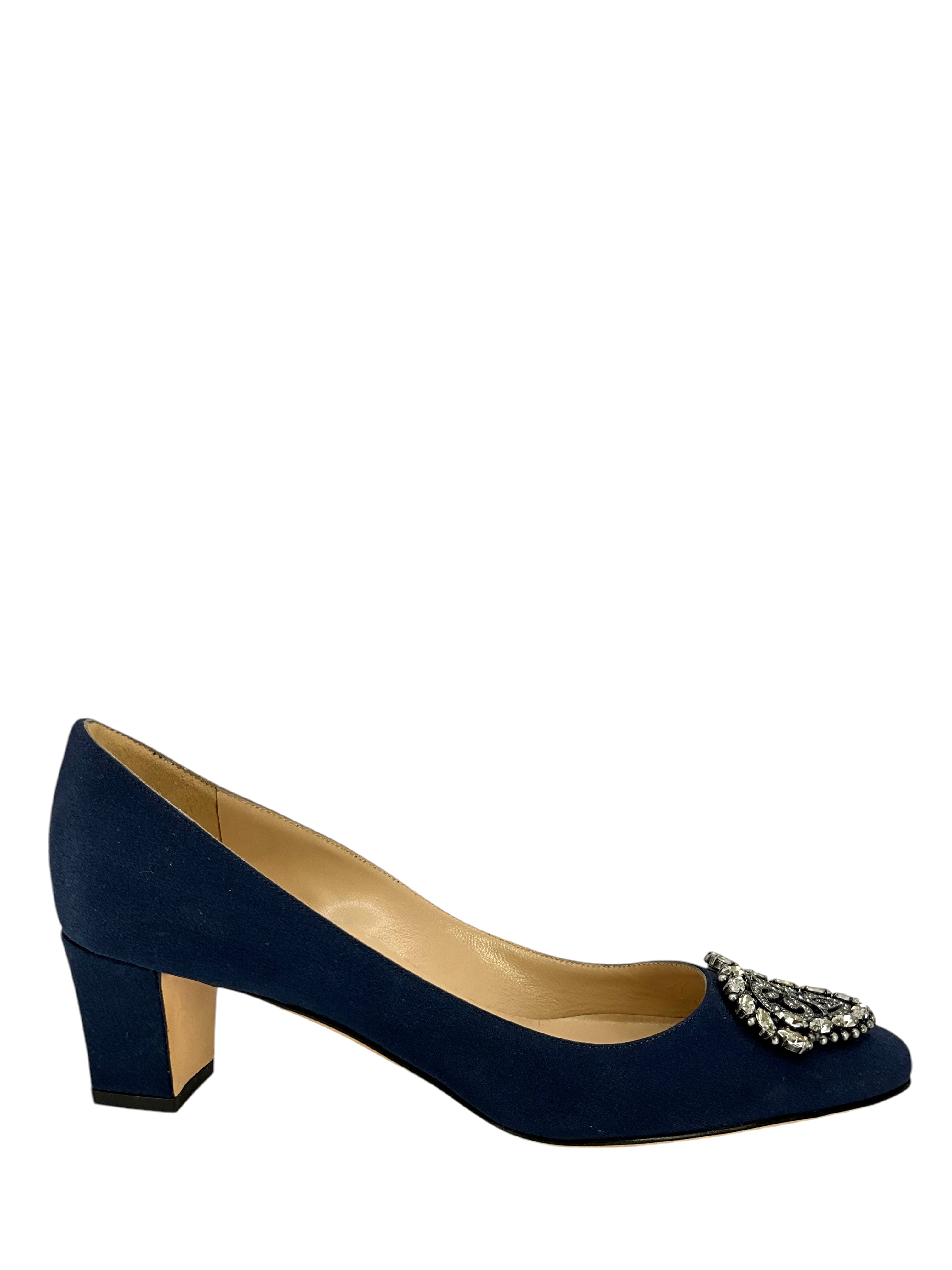 Manolo Blahnik Okkato Low Heel Pumps with Jewel Buckle - Size 7.5 US Women's Shoes | Perfect for Office, Wedding & Evening Events