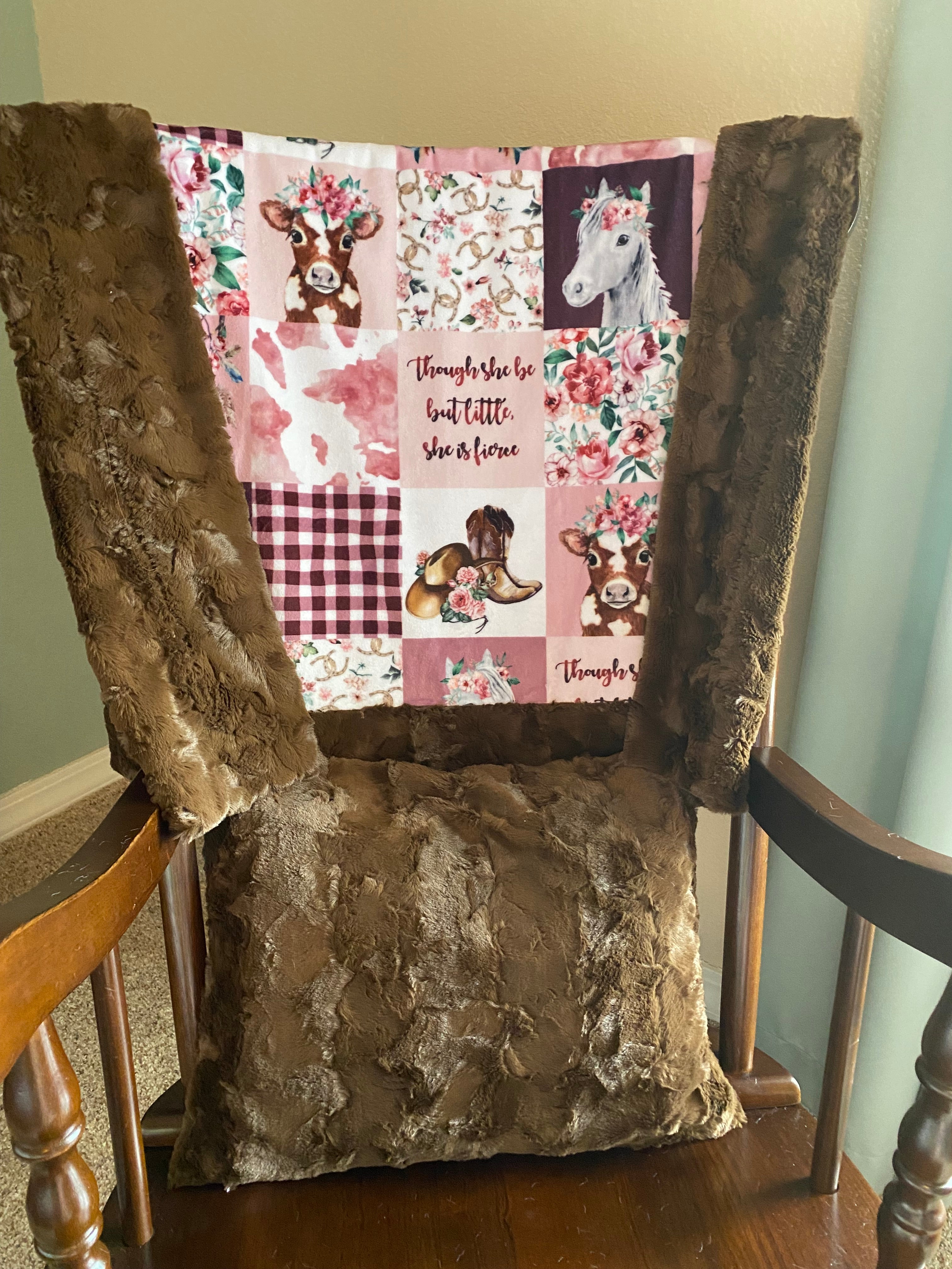 Soft Rosewater Brown Minky Baby Blanket 37x45 Inch with Matching 13x18 Pillowcase - Cozy Cowgirl Themed Nursery Blanket for Cuddling, Swaddling & Photo Props
