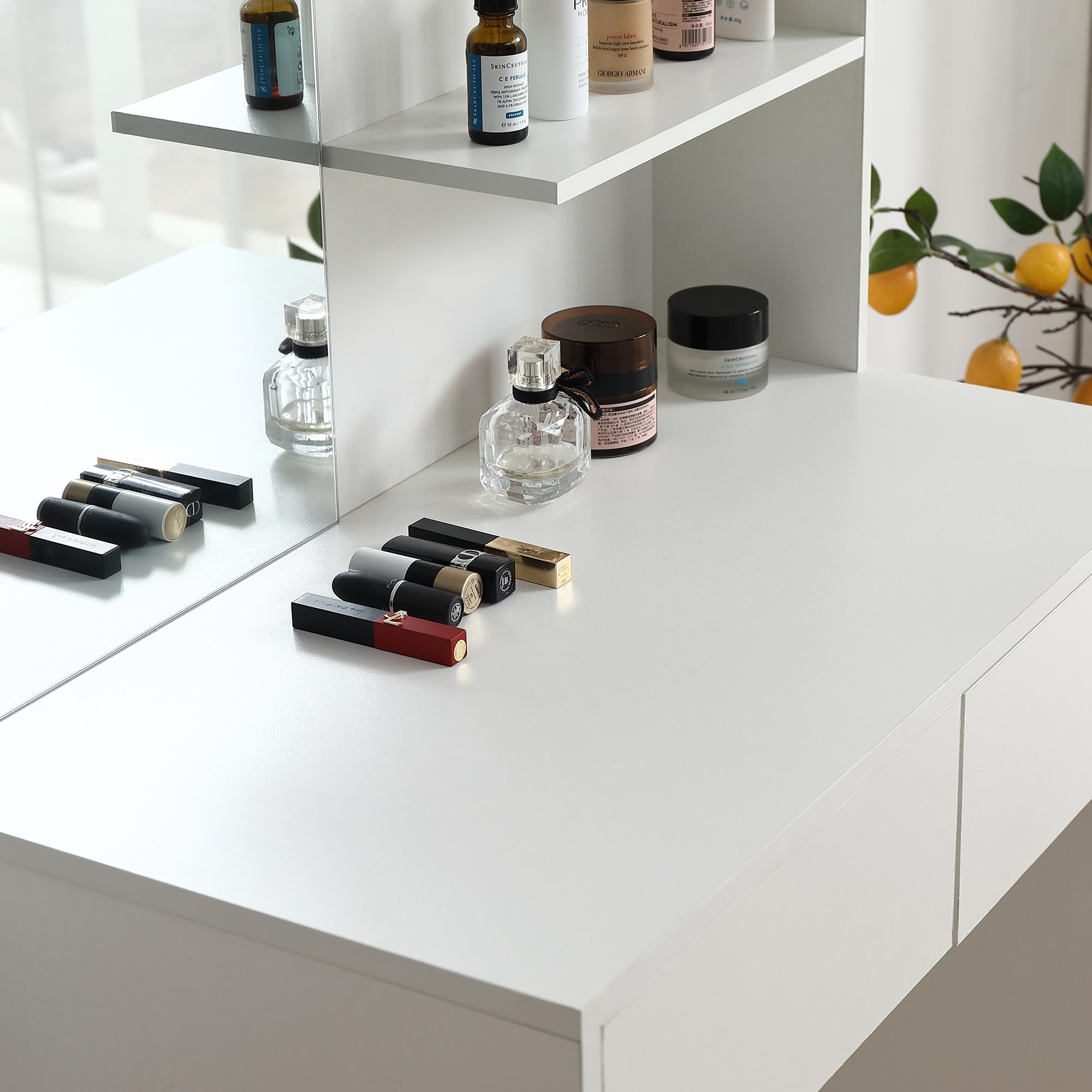 Modern Vanity Desk with Mirror, 2 Drawers & Open Shelves - Elegant Dressing Table for Bedroom in Antique White | Perfect Makeup Station & Jewelry Organizer for Women