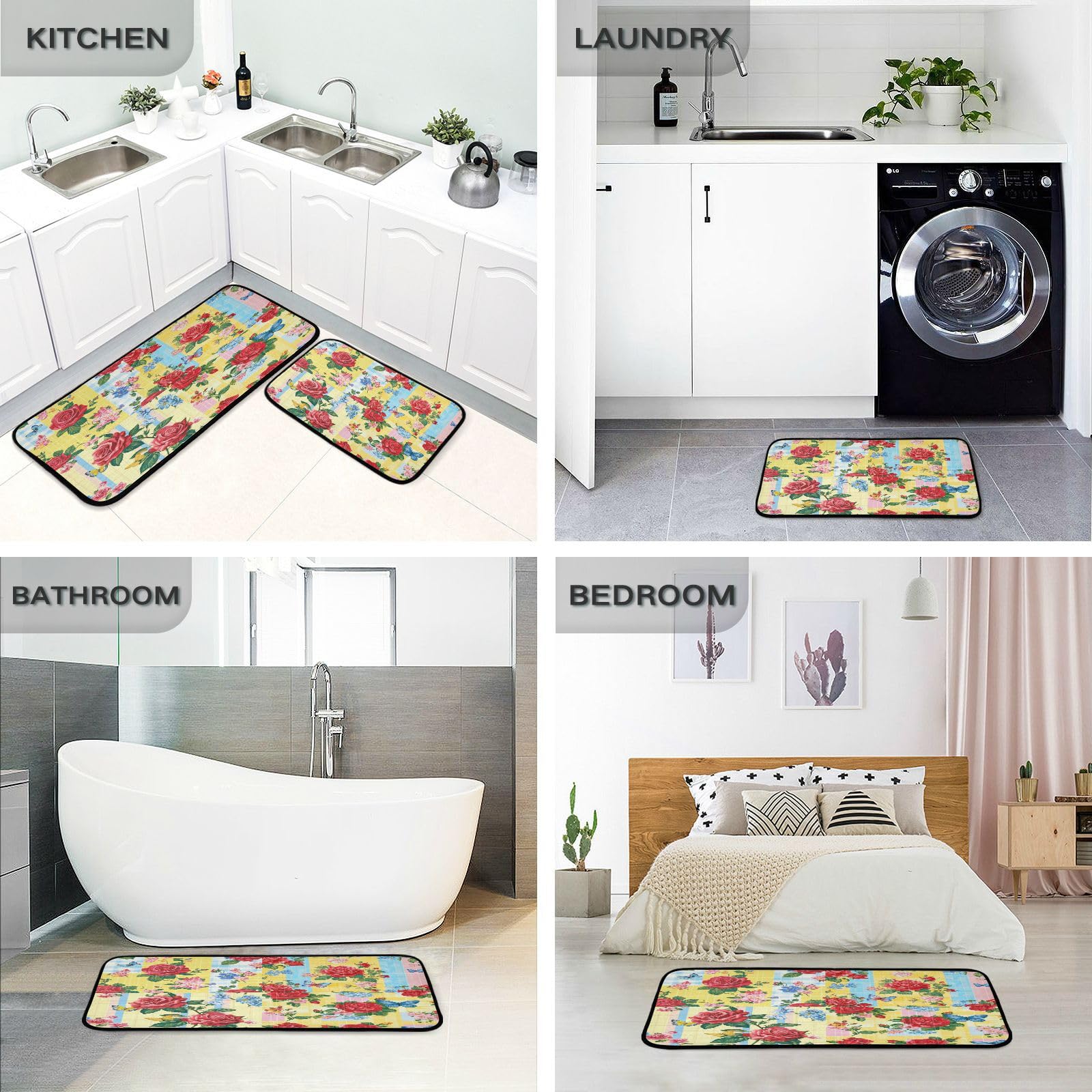 Non-Slip Rose Flower Butterfly Kitchen Rugs - Set of 2 Soft Floor Mats for Kitchen, Laundry Room & Entryway - Waterproof Doormats for Home Decor & Safety