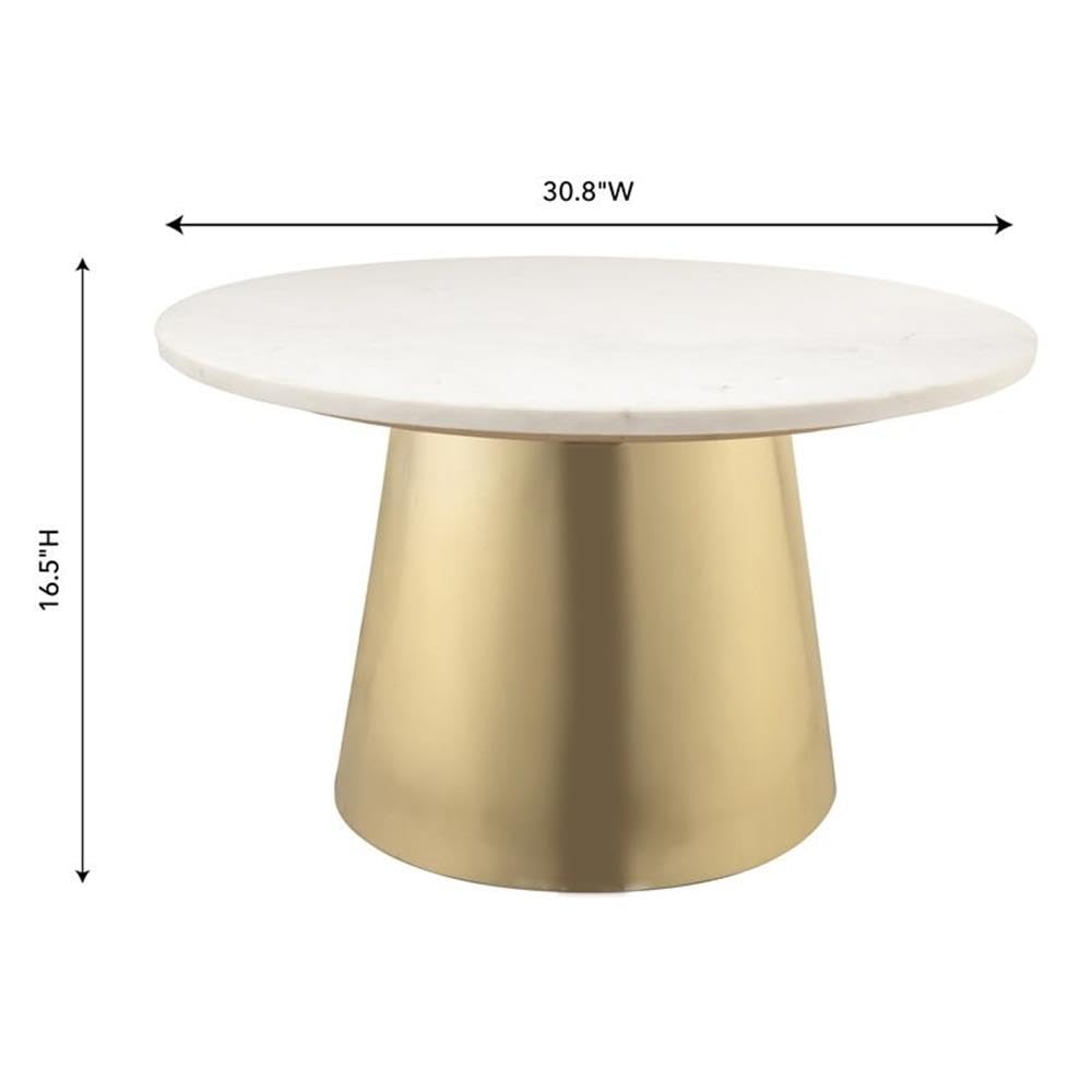 TOV Furniture Bleeker Modern Marble Coffee Table with Gold Base, 30.8 Inch Round Cocktail Table in White Marble - Perfect for Living Room, Lounge, and Office Decor