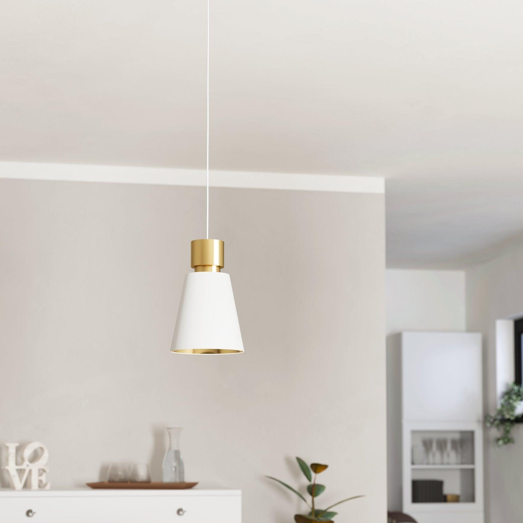 Eglo Aglientina Brass & White Fabric Shade Pendant Light - Vintage Industrial Ceiling Fixture for Dining Room, Kitchen Island & Bedroom Lighting