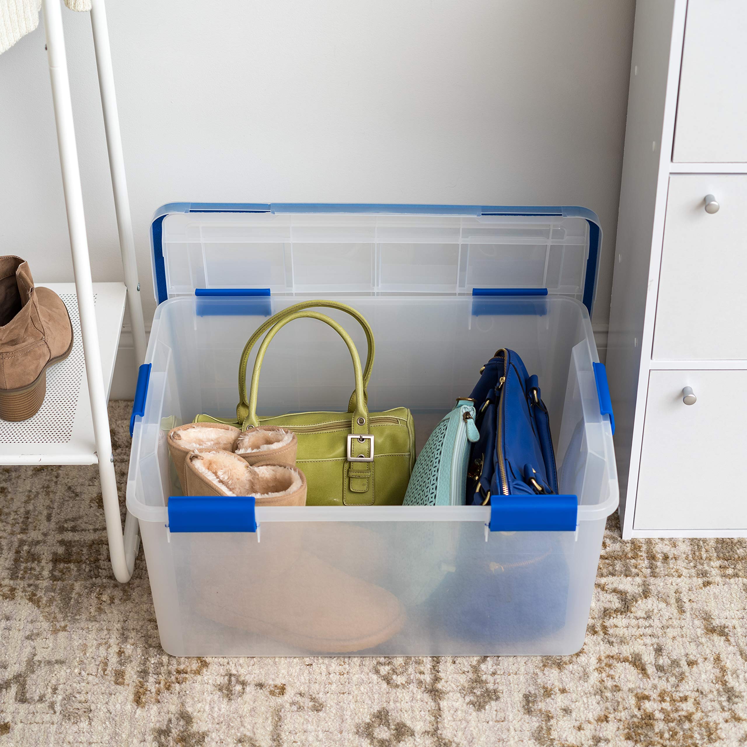 IRIS USA WeatherPro 60 Qt Storage Bins with Lids, 3-Pack BPA-Free Plastic Gasket Box - Airtight Seal, Stackable & Nestable Tote Tubs in Clear/Blue - Perfect for Home Organization, Garage Storage & Seasonal Clothes