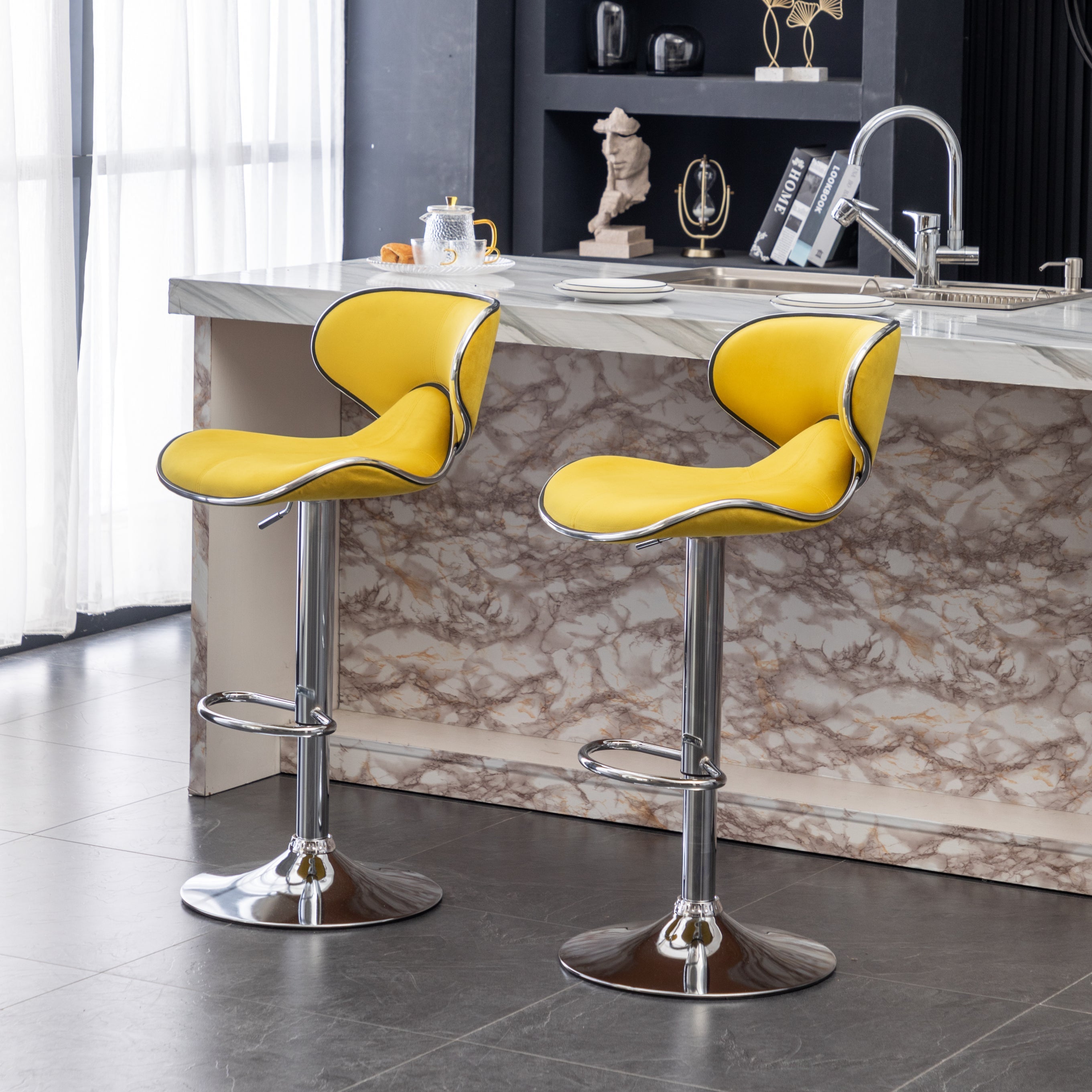 Roundhill Furniture Masaccio Velvet Upholstered Adjustable Swivel Bar Stool - Set of 2, Yellow - Perfect for Kitchen Islands, Home Bars & Breakfast Nooks