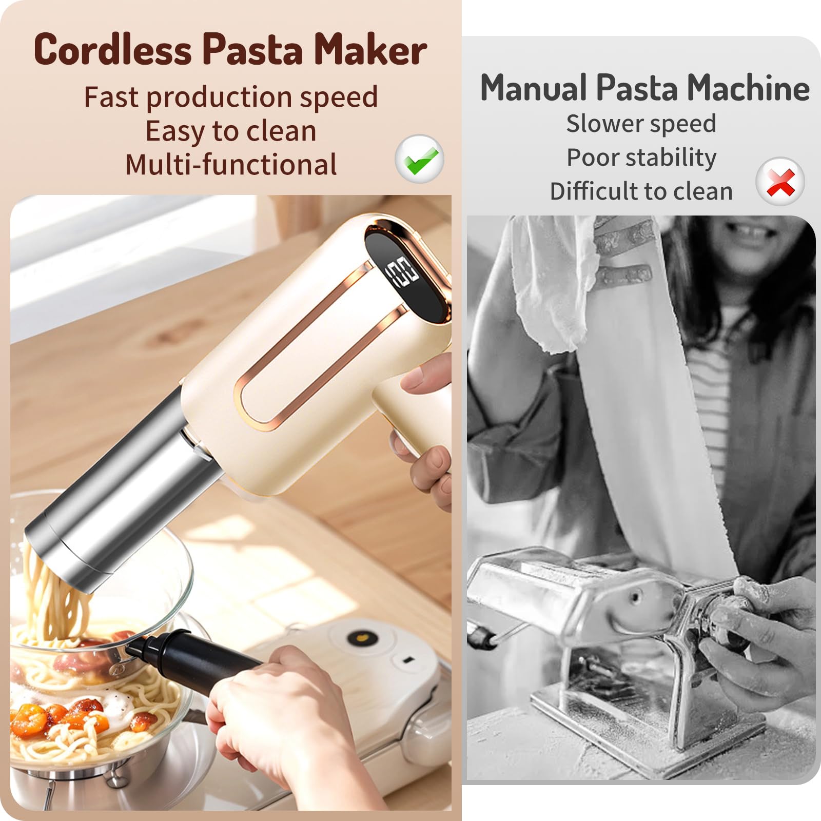 Electric Pasta Maker Machine - 4000mAh Rechargeable Battery, 5-in-1 Cordless Pasta Press with LCD Power Display & 6 Shaping Molds for Homemade Spaghetti, Ramen, Fettuccine - Perfect for Italian Cuisine, Family Cooking & Restaurant Use