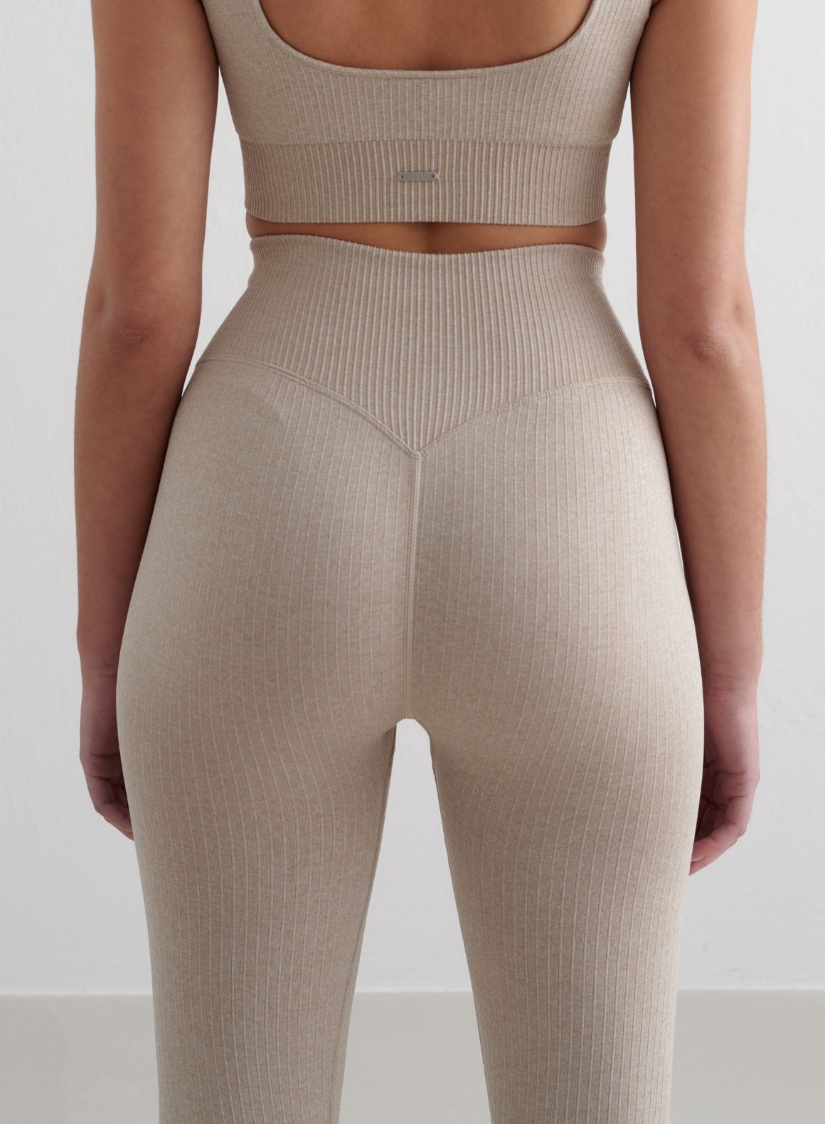 Beige Melange Ribbed Seamless Tights for Women - High Waisted Stretchy Comfortable Leggings - Perfect for Yoga, Workout & Everyday Wear