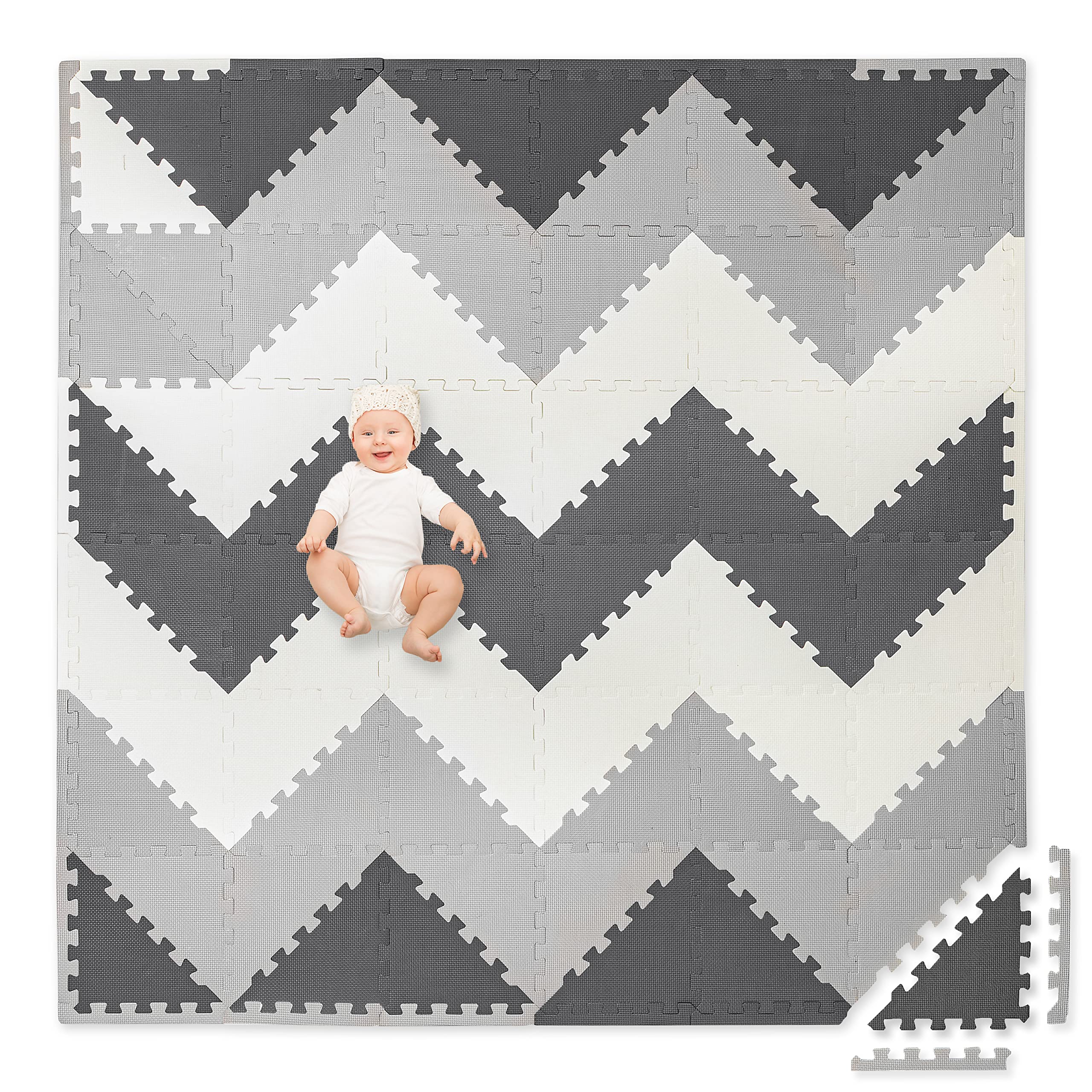 Non-Toxic Extra-Thick 96-Piece Triangle Foam Play Mat - 6x6ft Soft Cushioned Floor Puzzle for Kids & Toddlers - Gray & Cream - Perfect for Playrooms, Daycares & Home Gym Exercise Areas