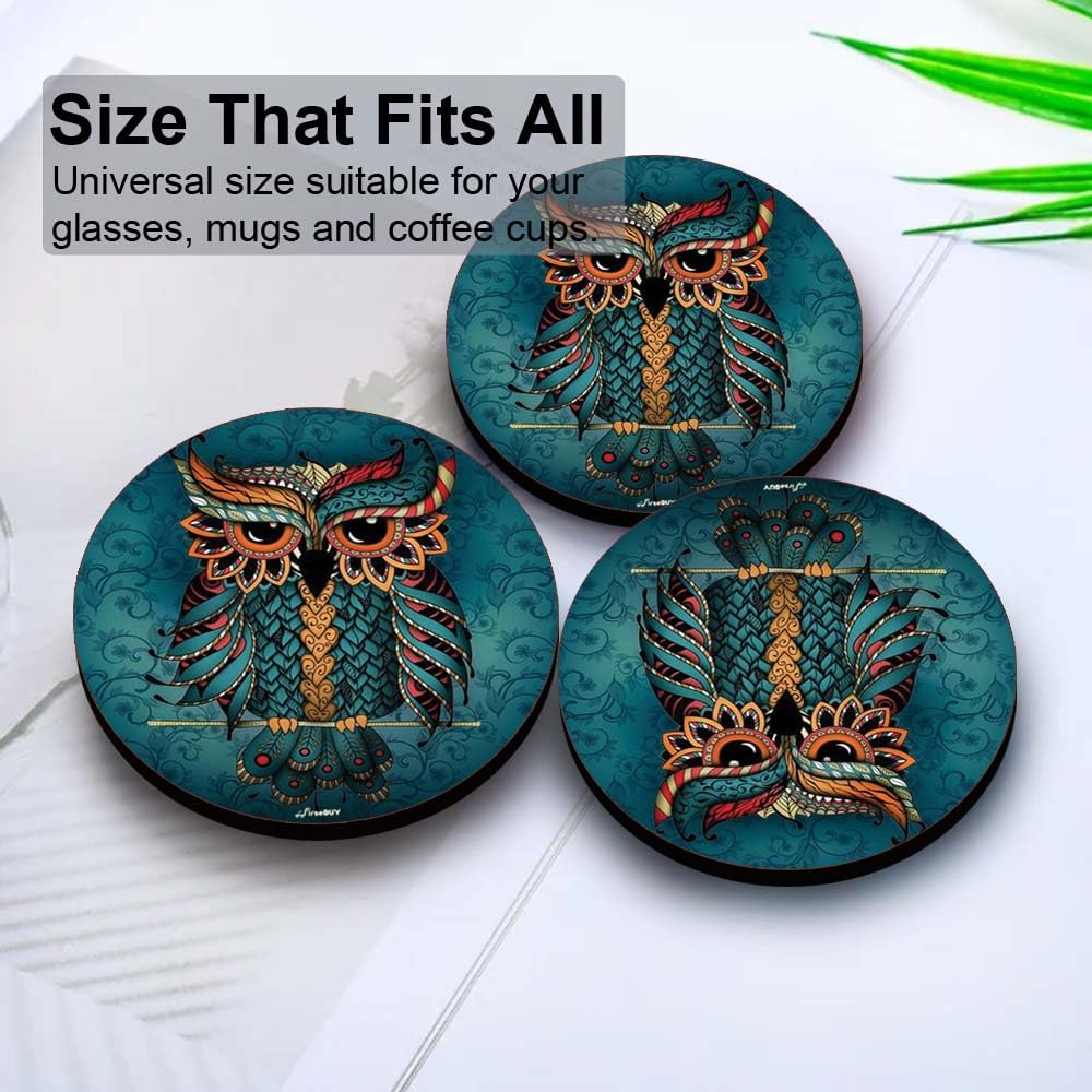 Premium Drink Coasters Set of 6 - Elegant Owl Art Printed MDF Coasters for Coffee Tables, Bars & Home Decor | Perfect Housewarming Gift for Kitchen, Apartment & Wooden Table Protection