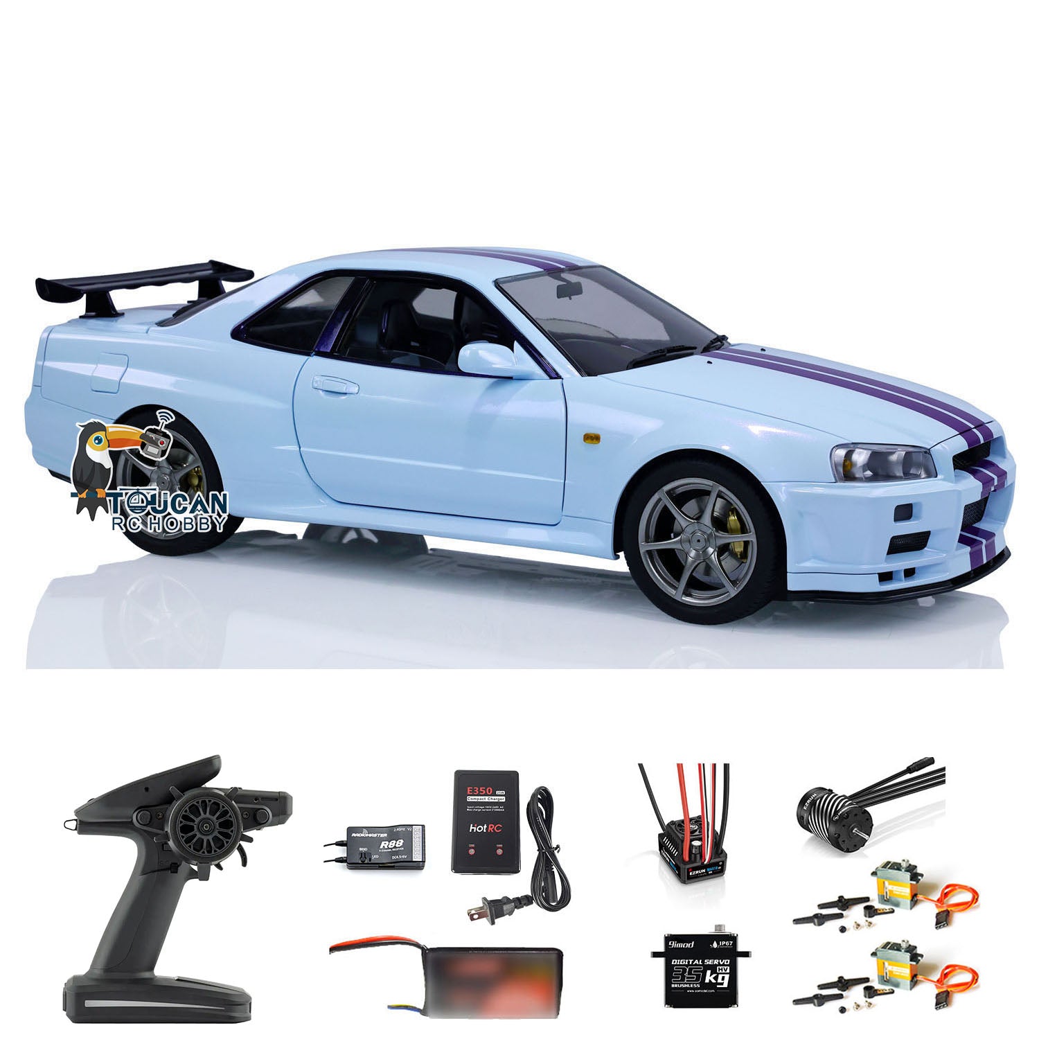 1:8 Scale RC Drift Car - 4WD Remote Control RTR Nissan R34 Model with Brushless Motor | High Speed Hobby Grade DIY Assembled Painted Toy | Perfect for Drift Racing, Backyard Fun & RC Enthusiasts