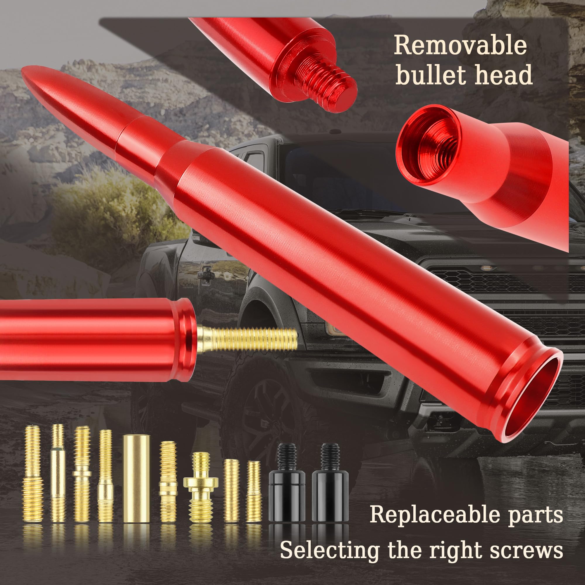 High-Performance Car Bullet Antenna - Universal Truck & Pickup Radio Antenna Replacement for Ford F150, RAM 1500 & GMC Heavy Duty | Durable Exterior Car Accessory (Red) | Perfect for Off-Roading, Daily Commuting & Enhanced FM/AM Reception