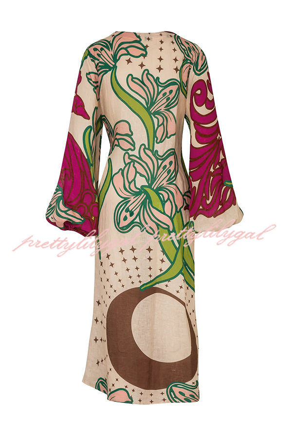 Tracey Linen Blend Unique Print Balloon Sleeve Tie-Up Tunic Maxi Dress for Women | Flowy Summer Beach Dress | Perfect for Vacations, Weddings & Boho Chic Outfits
