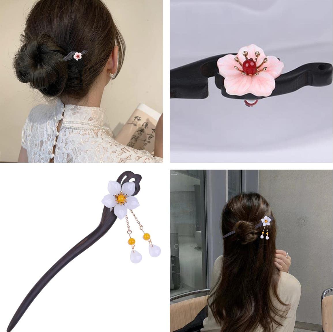 2 Pairs Handmade Wooden Hair Sticks with Floral Decor & Tassels - Chinese Japanese Style Hair Chopsticks for Women & Girls - Perfect for Hanfu, Chignons, Long & Curly Hair Styling - Wedding, Cosplay & Traditional Occasions