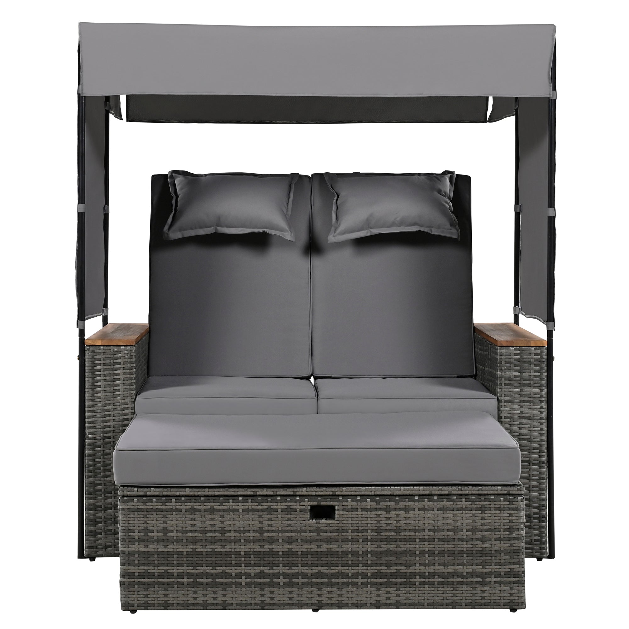 2 Piece Outdoor Rattan Daybed with Bench Lounge Roof Set & Cushions - Waterproof Wicker Patio Furniture for Poolside, Backyard, Garden - Perfect for Sunbathing, Relaxing & Outdoor Entertaining