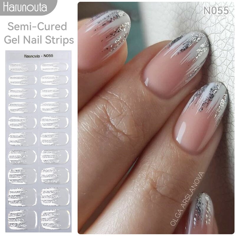 20 Tips White Shimmer Semi Cured Gel Nail Strips N055 - DIY Salon-Quality Manicure at Home for Parties & Special Occasions