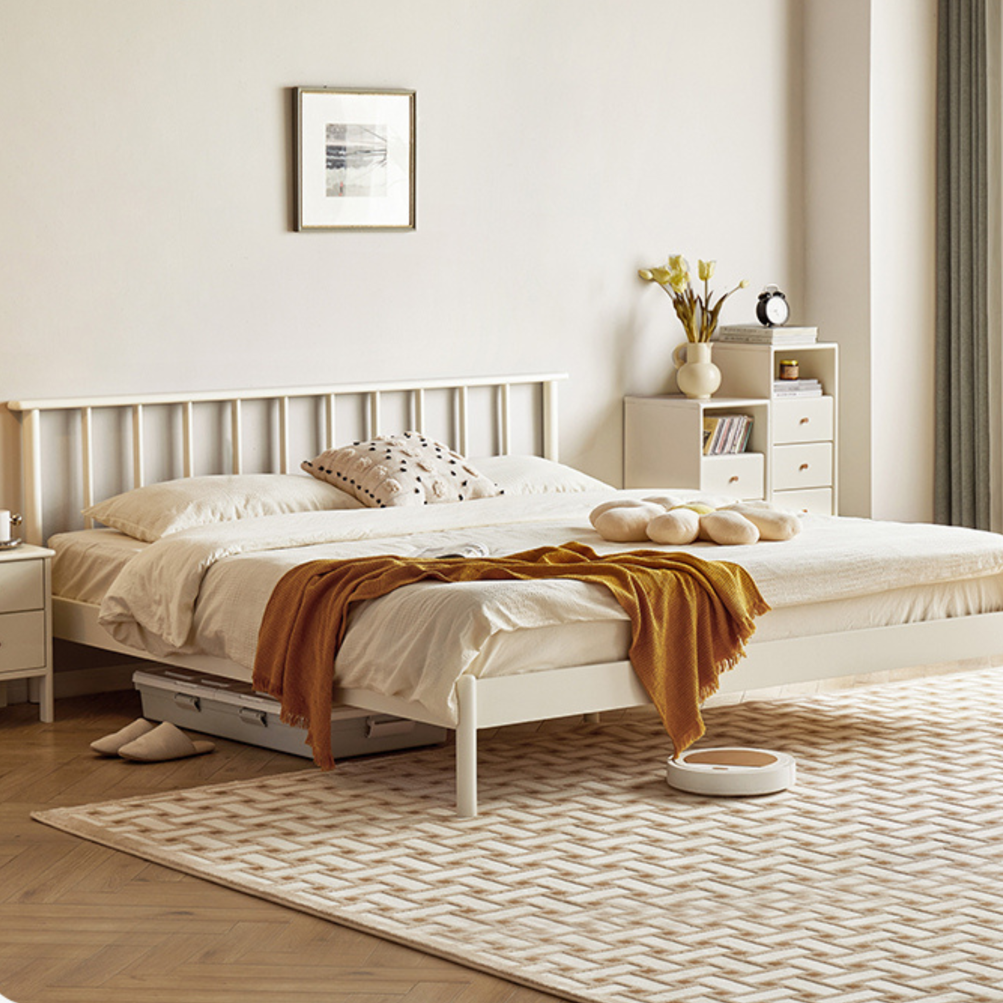 Solid Pine Wood Bed - Nordic Light Luxury White Bed Frame for Master Bedroom, Guest Room & Modern Home Decor