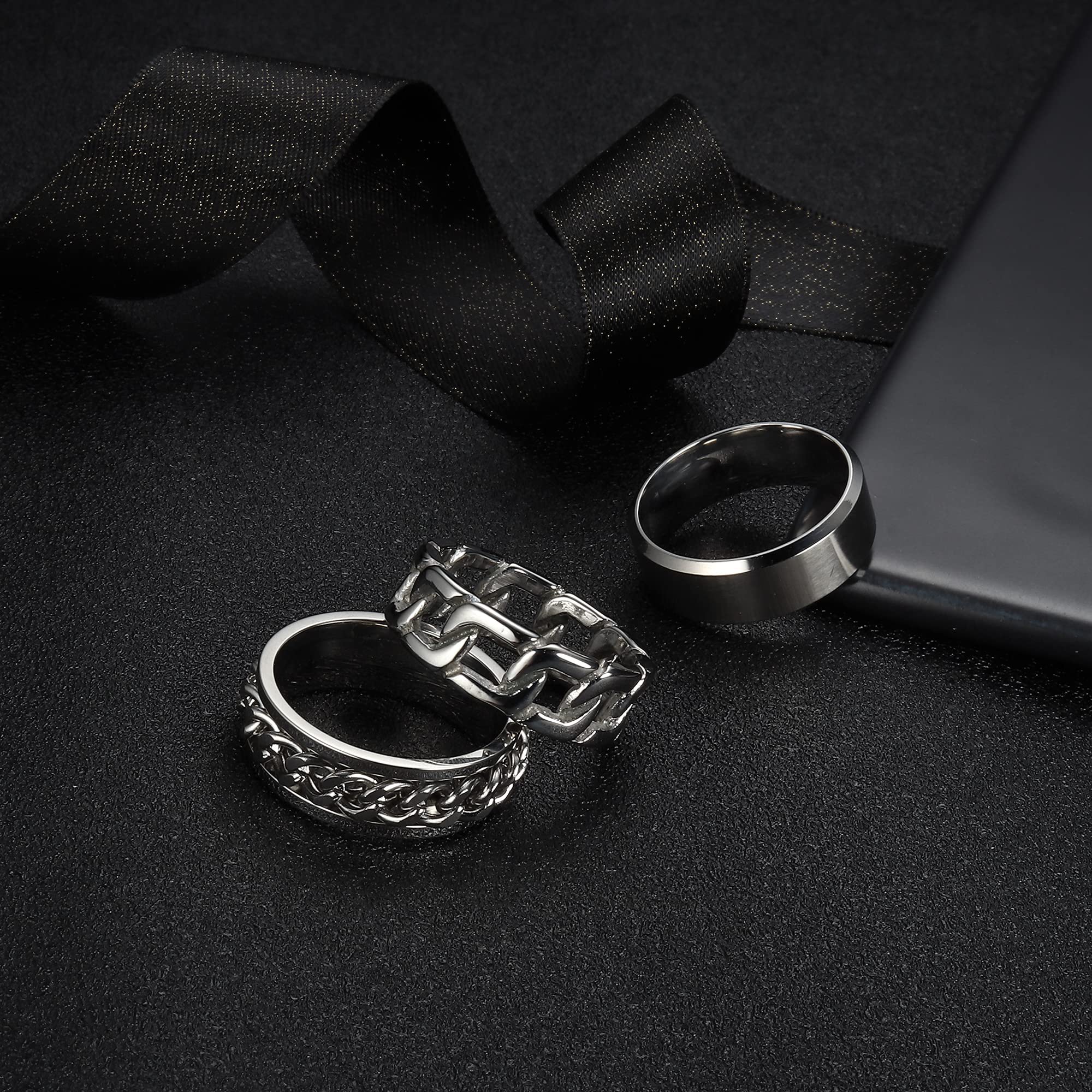 ORAZIO 3Pcs Stainless Steel Rings for Men & Women - Silver Plain Band, Cuban Link Chain & Spinner Ring Set (Size 6-14) - Wedding, Promise & Fashion Jewelry for Everyday Wear, Gifts & Special Occasions