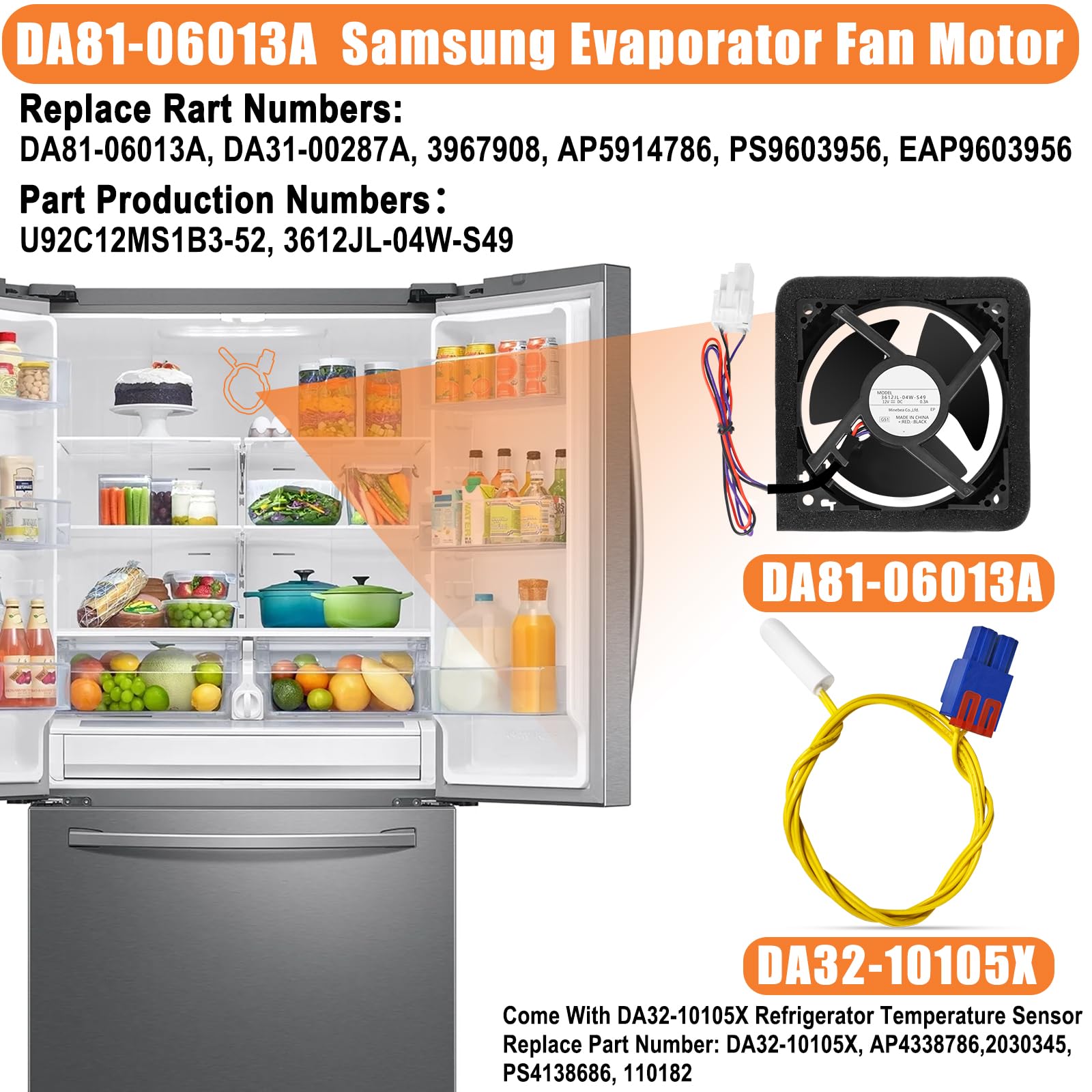 Upgraded DA81-06013A Refrigerator Evaporator Fan Motor - Compatible with Samsung Refrigerators RF263BEAESR RF260BEAESR - Quiet Operation with DA32-10105X Temperature Sensor - Perfect for Home Kitchen Fridge Repair and Maintenance