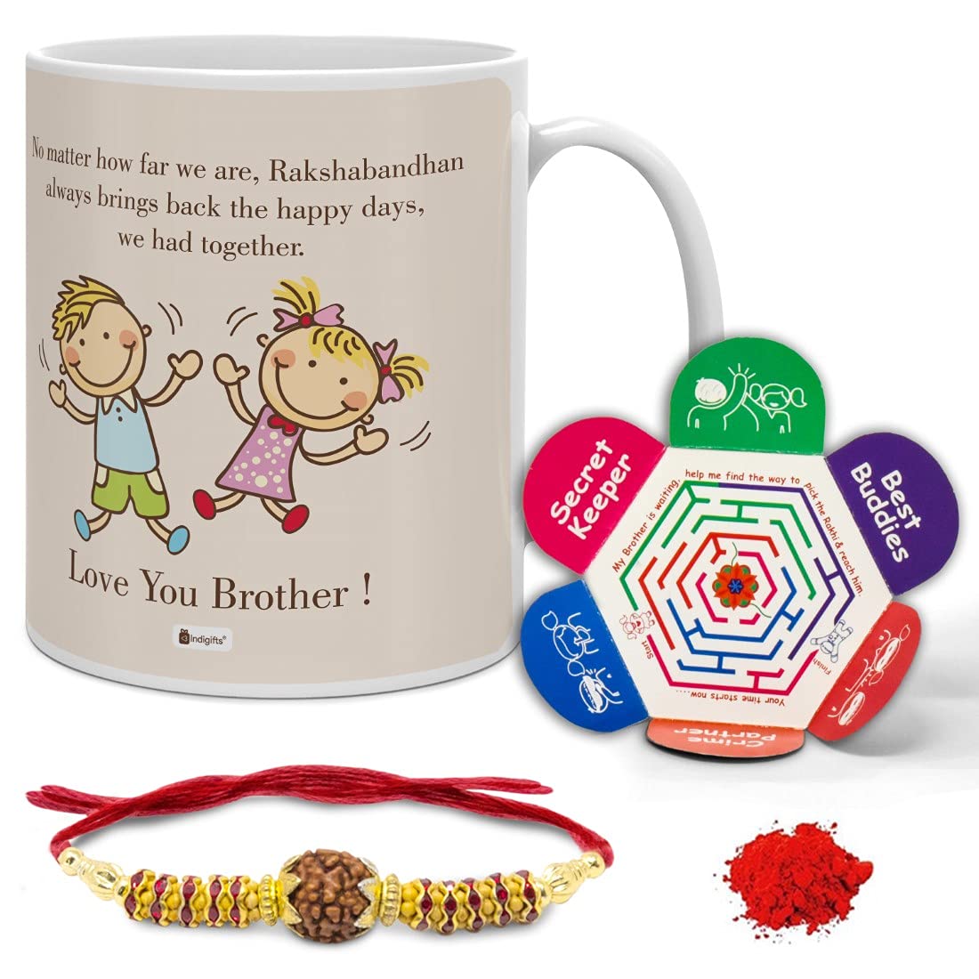 Indigifts 330ml Coffee Mug with Rudraksh Rakhi - Ceramic Tea Cup for Brother Sister Love, Beige Designer Gift Mug | Perfect for Rakhi Festival, Sibling Appreciation & Daily Coffee/Tea Use