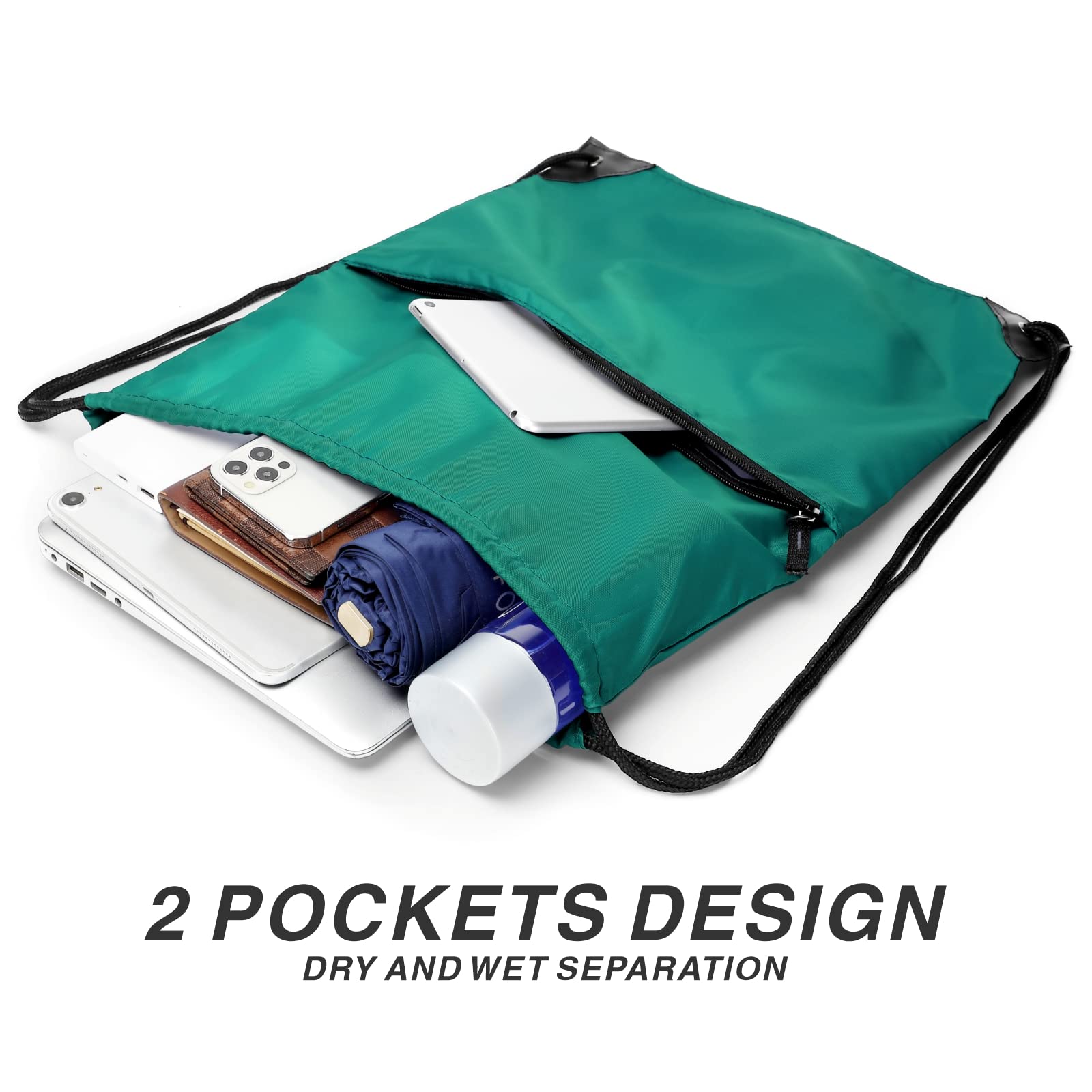 Lightweight Foldable Drawstring Backpack - 210D Nylon Gym Sack with Zipper Side Pocket for Men & Women | Perfect for Sports, Travel, Workout & School (Teal)