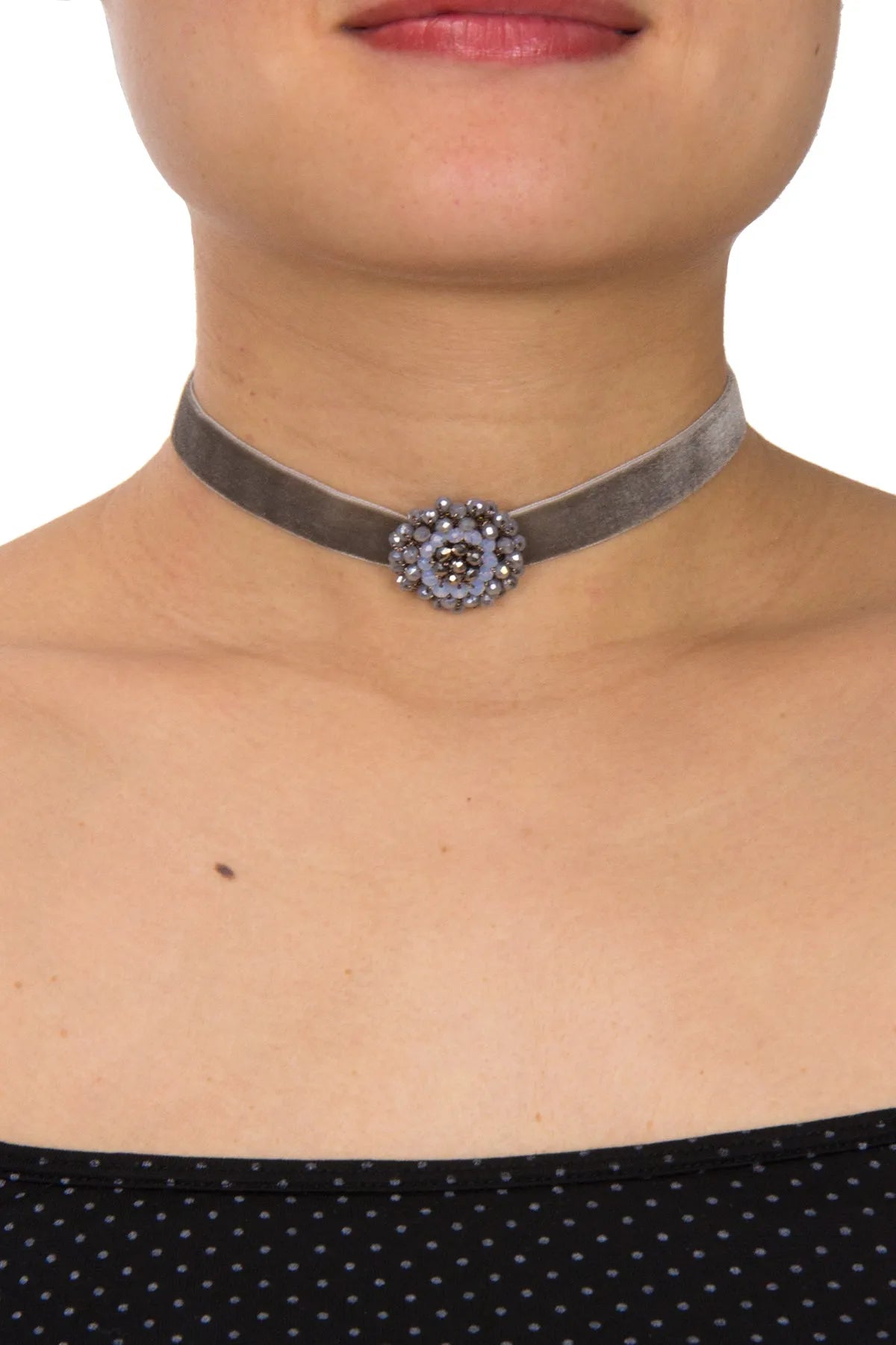Elegant Grey Velvet Choker Necklace with Beaded Flower Design - Perfect for Weddings, Parties & Evening Events