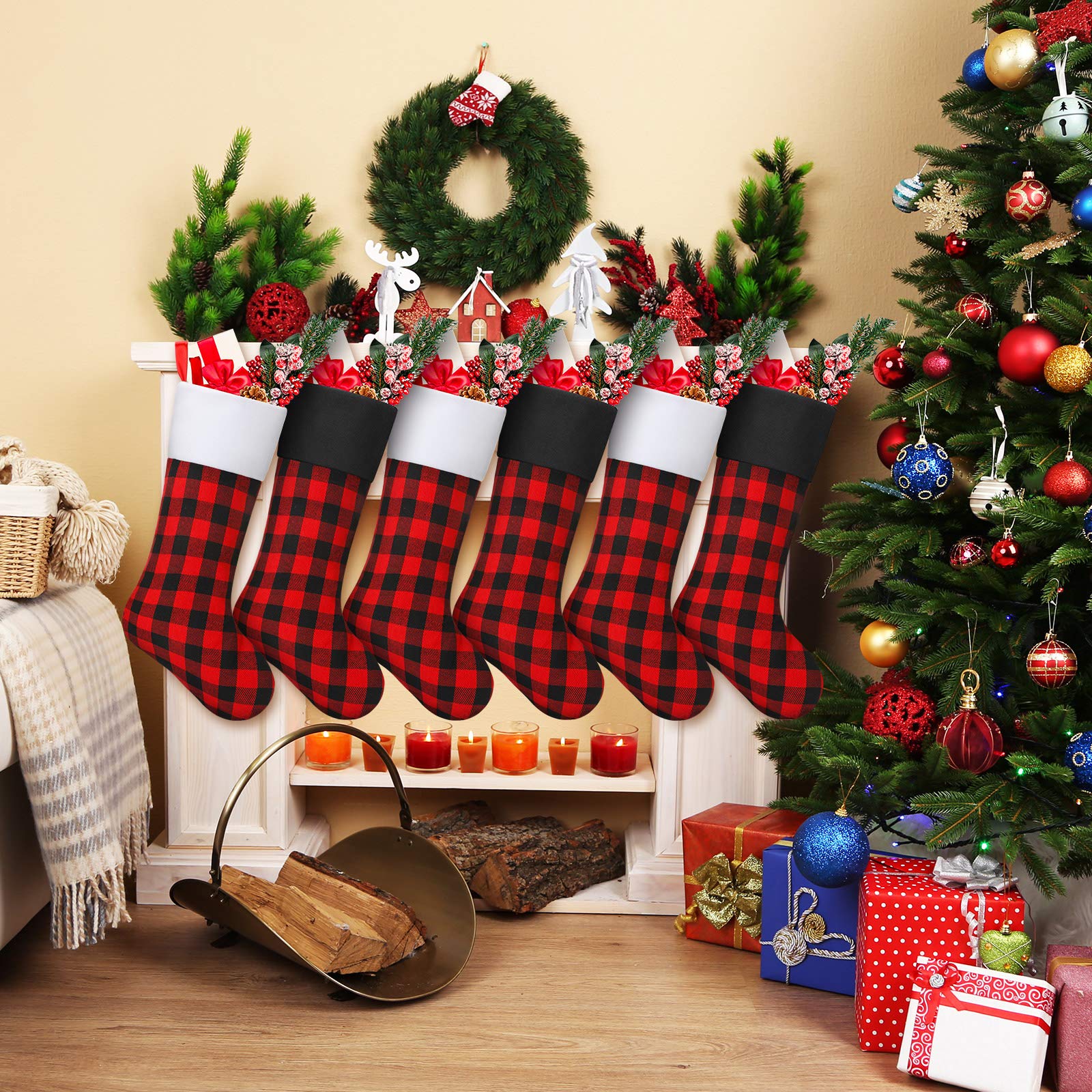Skylety 20 Inch Christmas Stockings - Plaid Holiday Stockings with Faux Fur Cuff for Fireplace Decor - Family Xmas Party Decorations (Set of 6, Black Red with Black White Cuff) - Perfect for Christmas Tree, Mantel, and Festive Home Decor