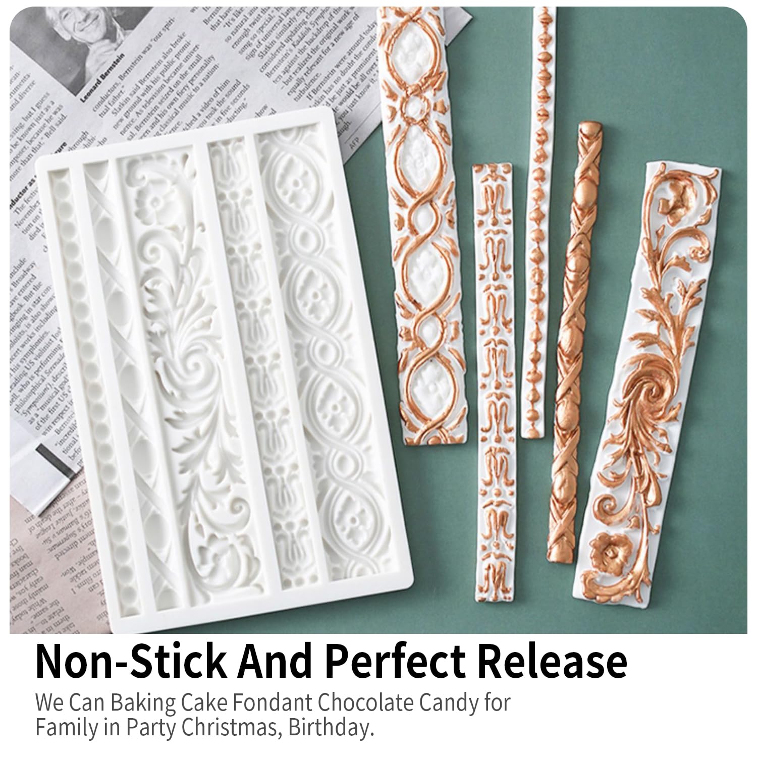 GROWTAIL 5Pcs Baroque Fondant Border Mold Set - Elegant Scroll Lace Silicone Molds for Cake Decorating, Polymer Clay Crafts, DIY Baking Tools - Perfect for Wedding Cakes, Cupcakes & Home Baking Projects