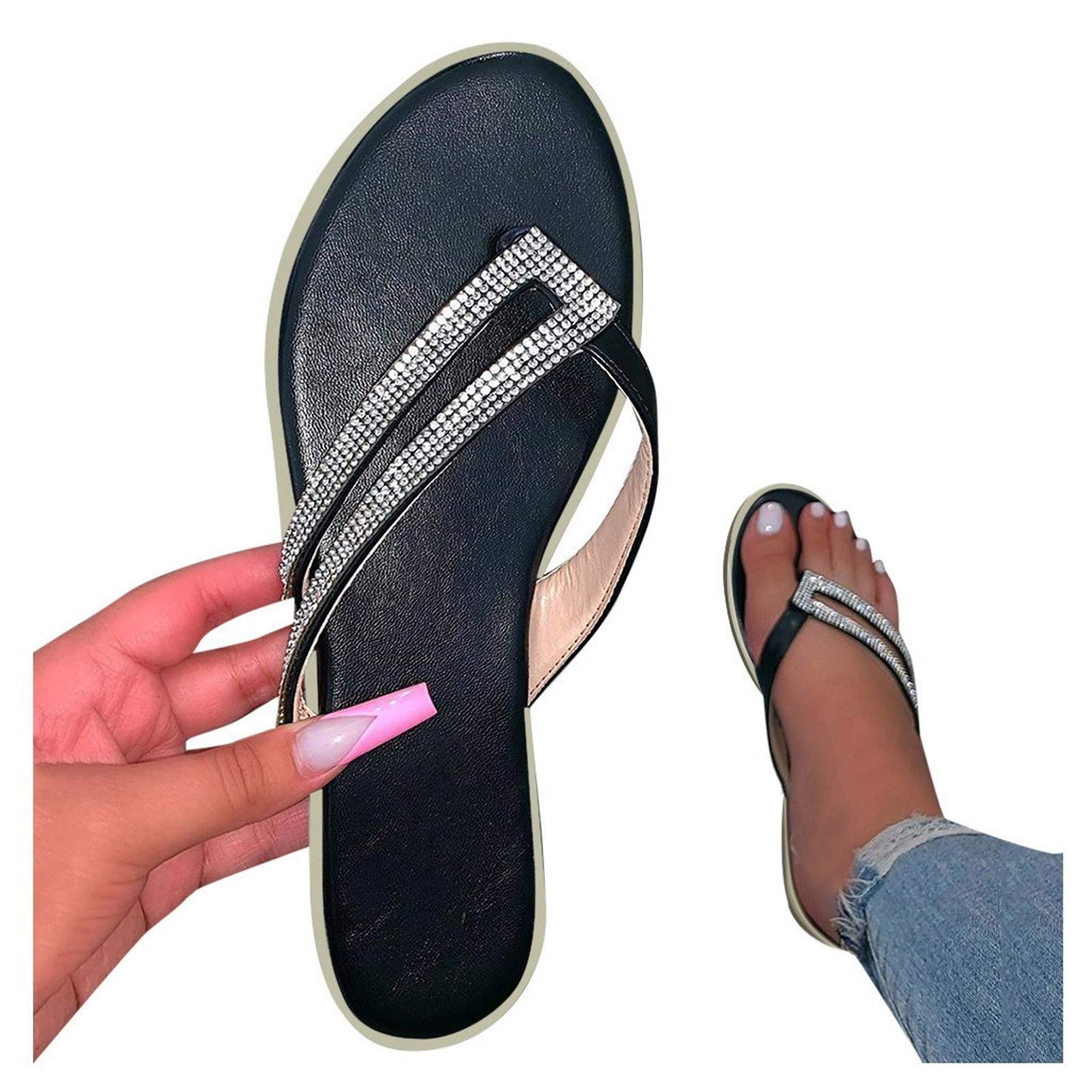 Eduavar Women's Flat Sandals - 2021 Summer Bohemian Crystal Diamond Sandals for Beach, Travel & Casual Wear - Open Toe Comfortable Walking Shoes for Women - Perfect for Vacation, Wedding & Outdoor Activities