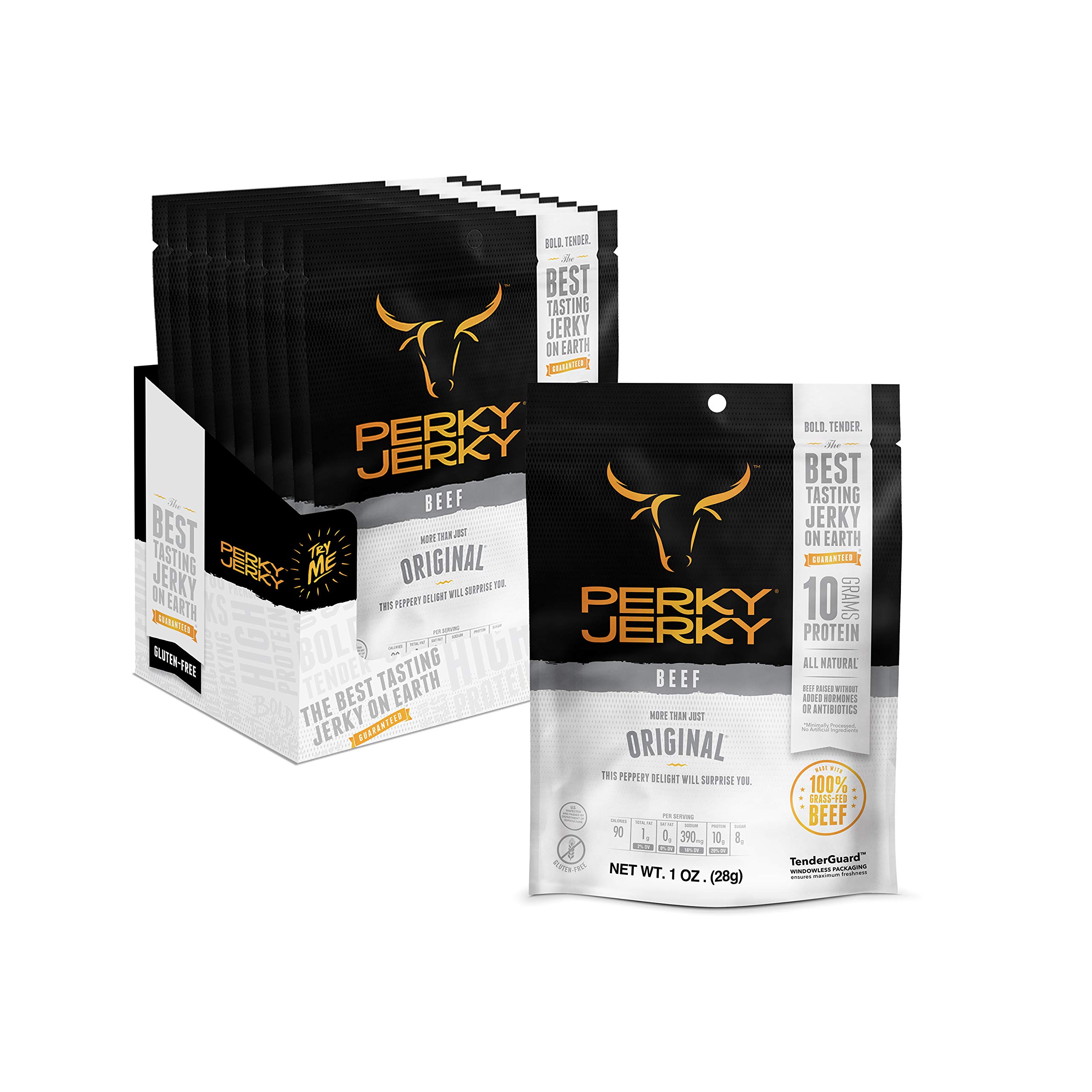 Perky Jerky Original 100% Grass Fed Beef Jerky, 1 oz (Pack of 12) - Antibiotic Free, High Protein (10g per Serving), Low Fat, Tender & Flavorful - Healthy Snack for Hiking, Camping, Road Trips and Office Breaks