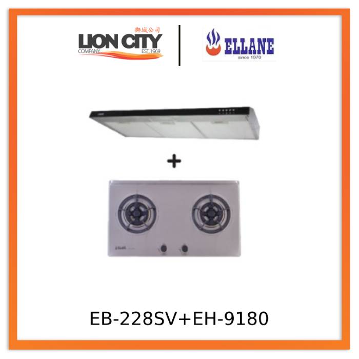 Ellane 60cm/90cm Slimline Range Hood with Black Glass Panel EH 9180 + Ellane EB 228SV 75cm 2 Burner Stainless Steel Cooktop - Modern Kitchen Ventilation & Cooking Solution for Home Chefs