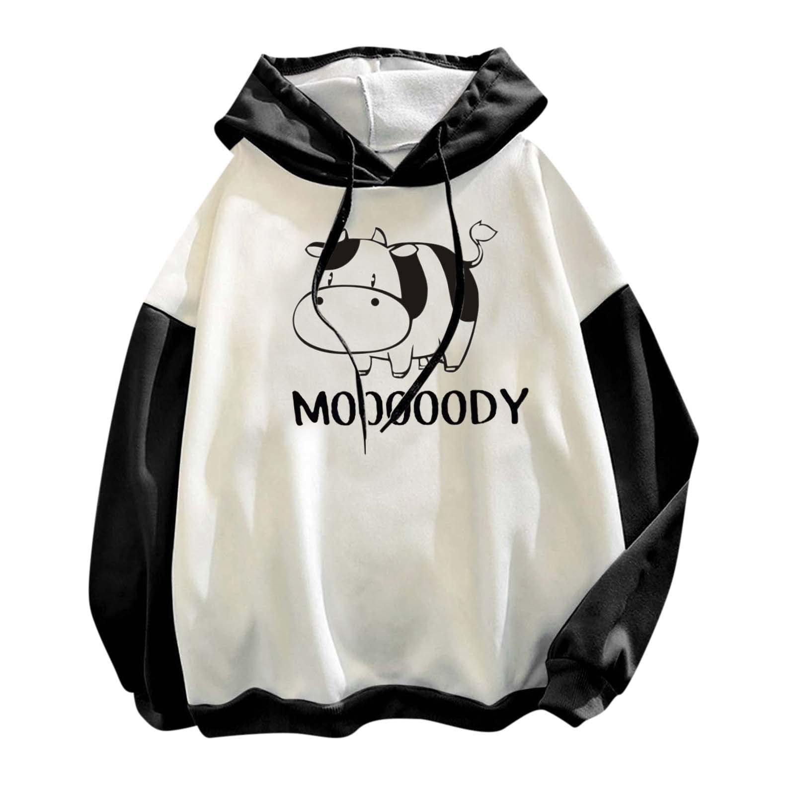 Women's Cute Cow Print Hoodie - Summer Color Block Long Sleeve Pullover Sweatshirt | Casual Loose Fit Blouse for Streetwear, Lounge & Outdoor Activities