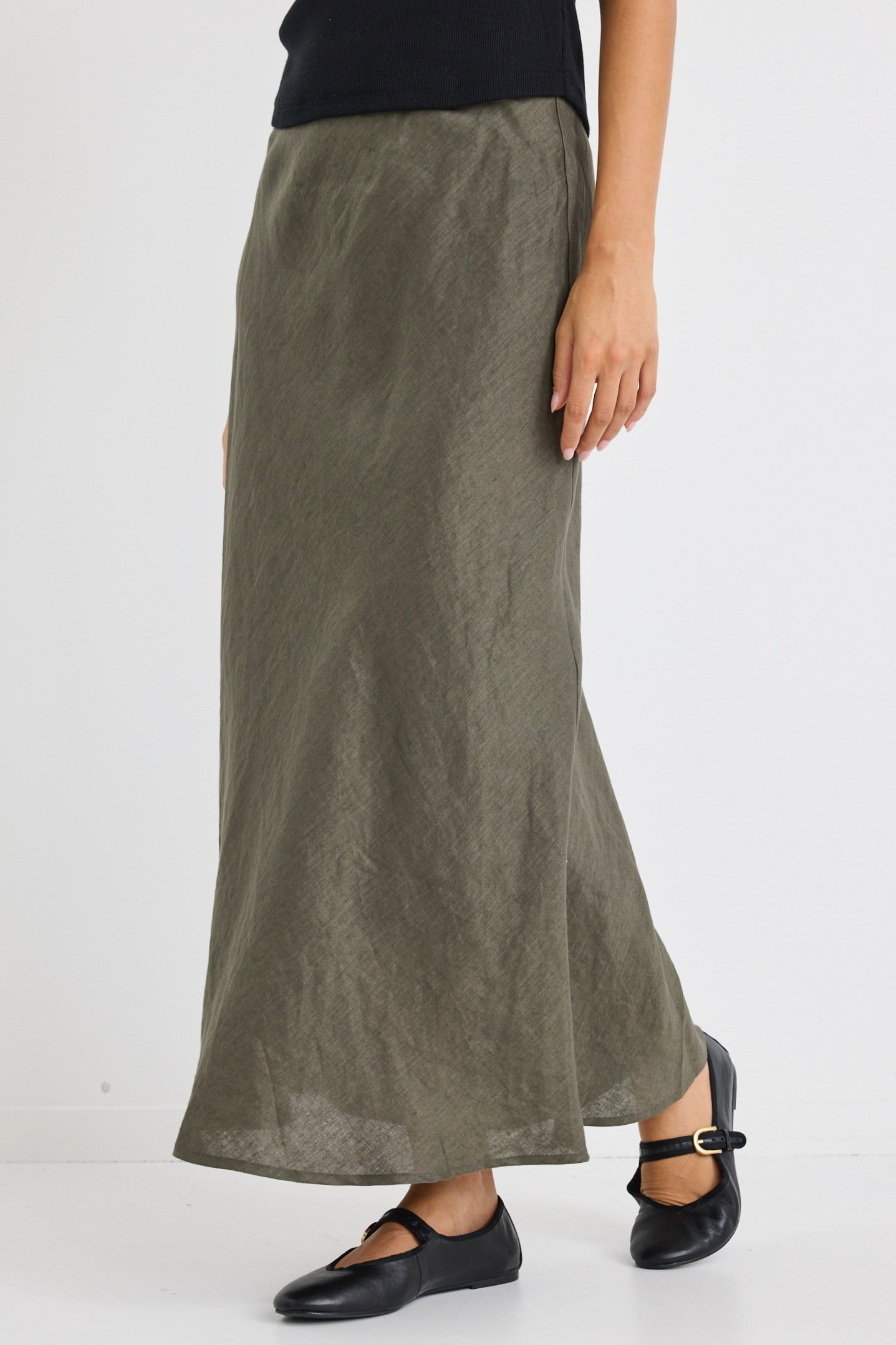 Bliss Khaki Linen Midi Skirt for Women - A-Line Bias Cut Summer Skirt with Pockets | Perfect for Beach Vacations, Brunch Dates & Casual Outings