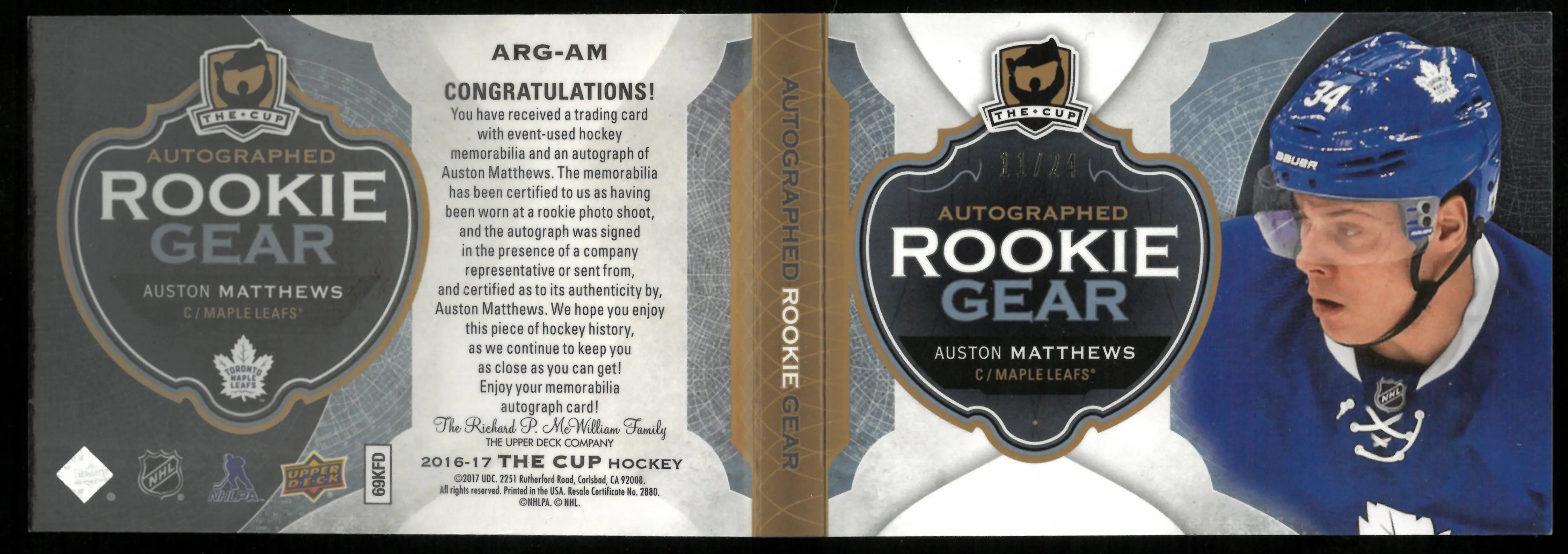 2016-17 UD The Cup Auston Matthews Rookie Gear Dual Patch Auto Booklet /24 - Rare Hockey Collectible for NHL Fans & Sports Memorabilia Collectors - Perfect for Display Cases, Man Caves, and Sports Collections