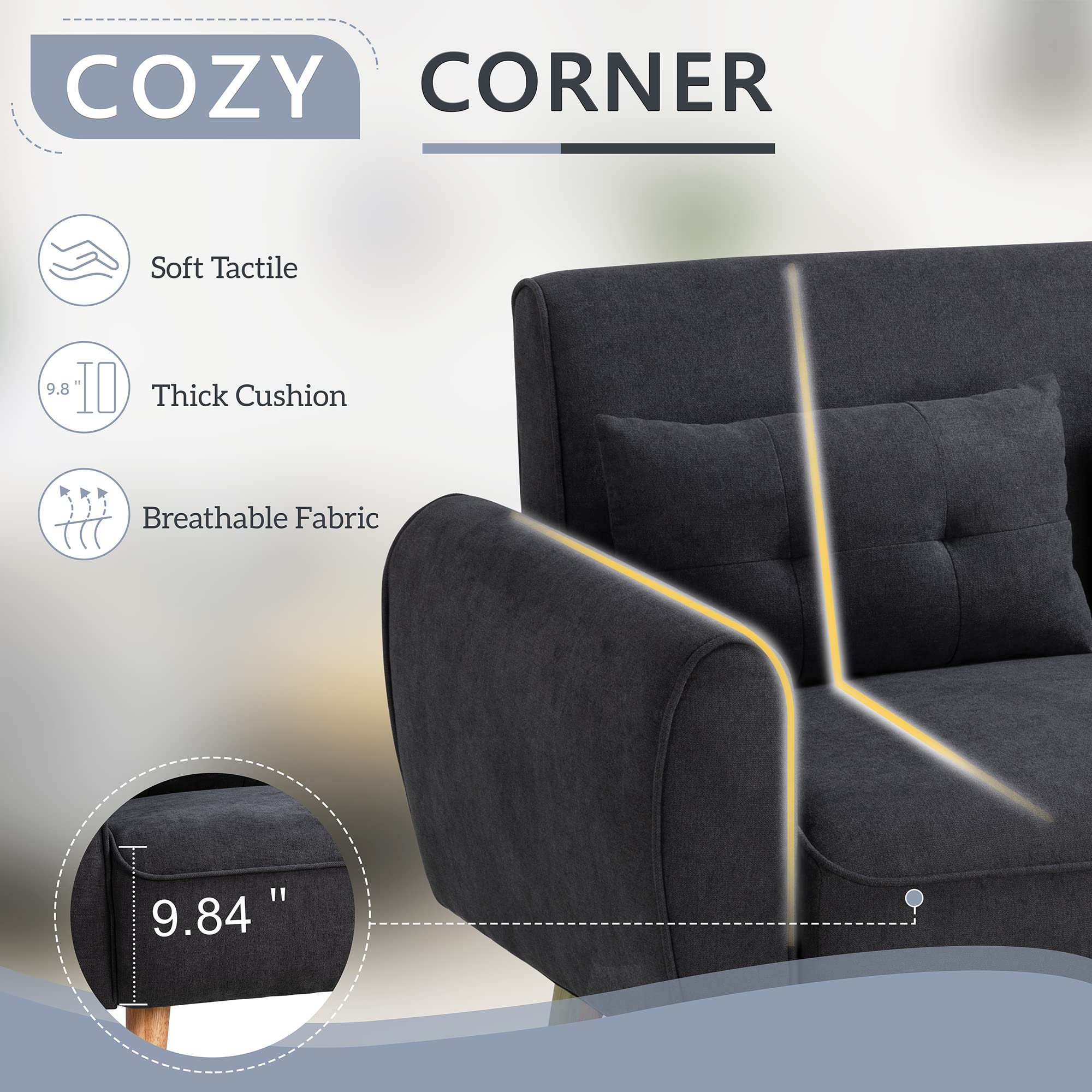 Shintenchi Modern Loveseat Sofa - Mid Century Fabric Upholstered 2-Seat Couch for Small Spaces, Living Room, Apartment or Studio - Includes 2 Decorative Pillows (Black) - Perfect for Compact Homes, Cozy Reading Nooks and Entertaining Guests