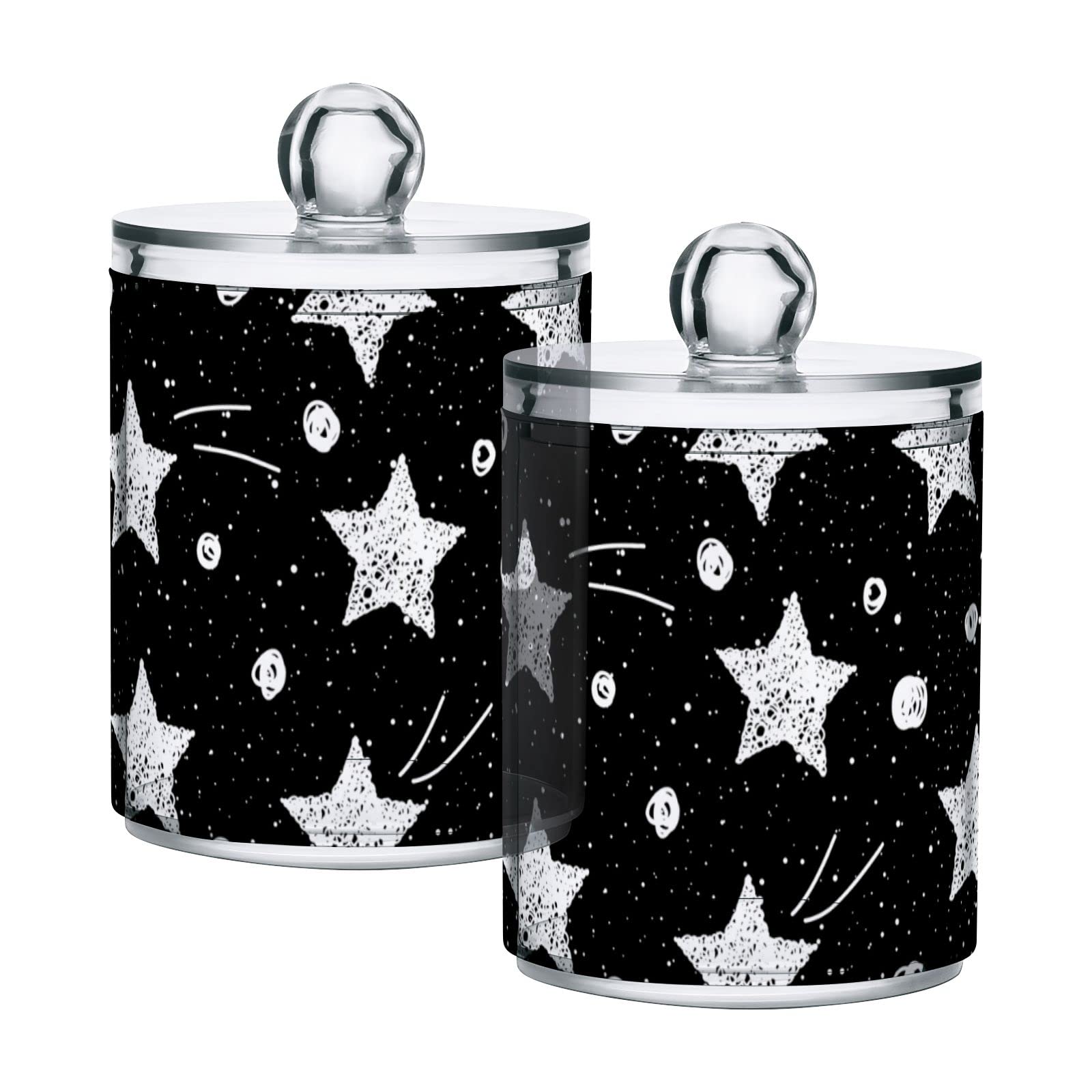 White Doodle Stars & Circles Plastic Storage Jars with Black Galaxy Space Background - Set of 2 (10oz) Translucent Food Containers with Lids for Cotton Swabs, Tea, Cookies - Perfect for Kitchen Pantry Organization & Bathroom Storage