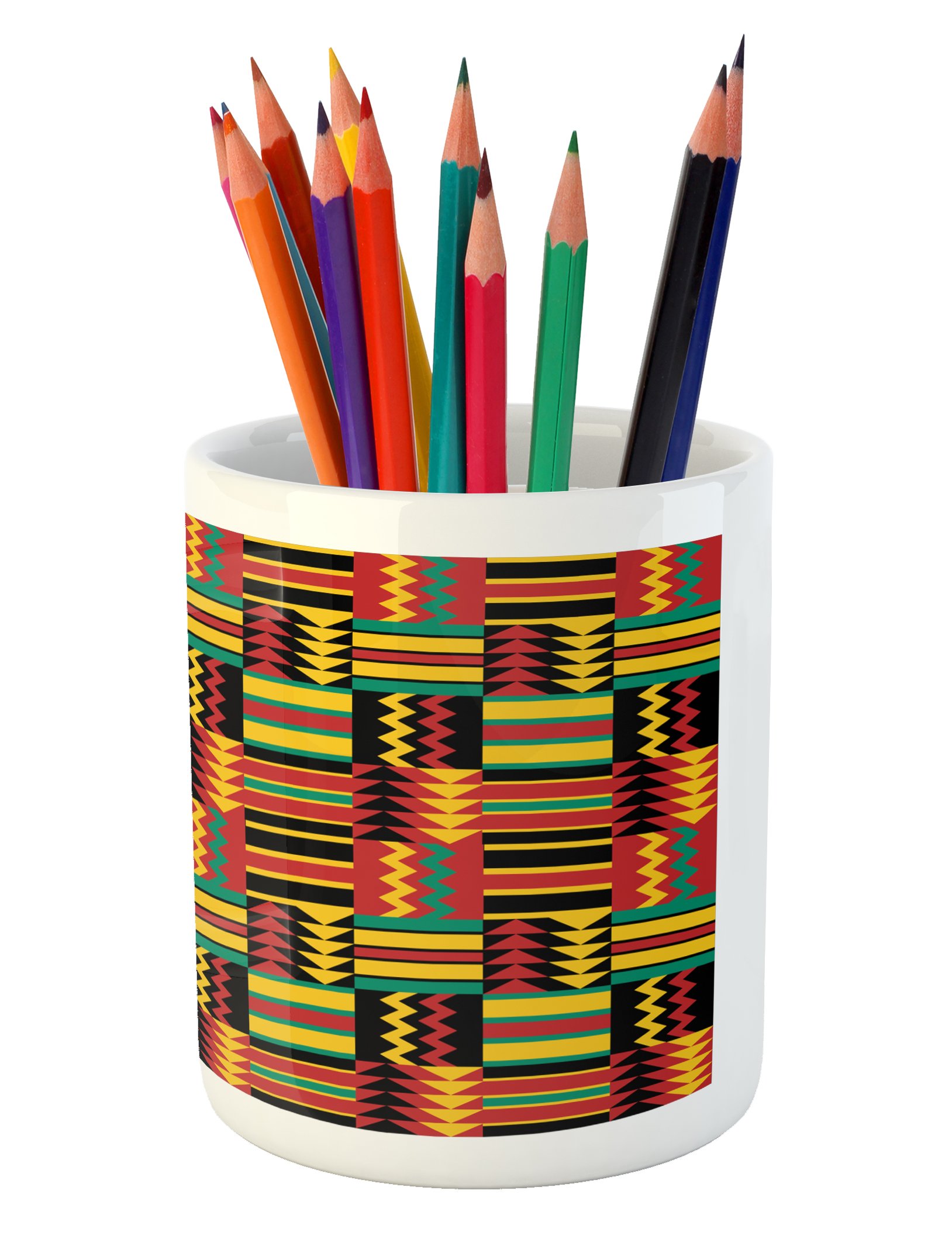 Ambesonne Kente Pattern Ceramic Pen Holder - Striped Triangle Zigzag Design Office Desk Organizer for Pencils & Pens | African Inspired Home & Office Decor (Uganda Zimbabwe Nigeria Style) | Perfect for Workstations, Study Desks & Gift Giving