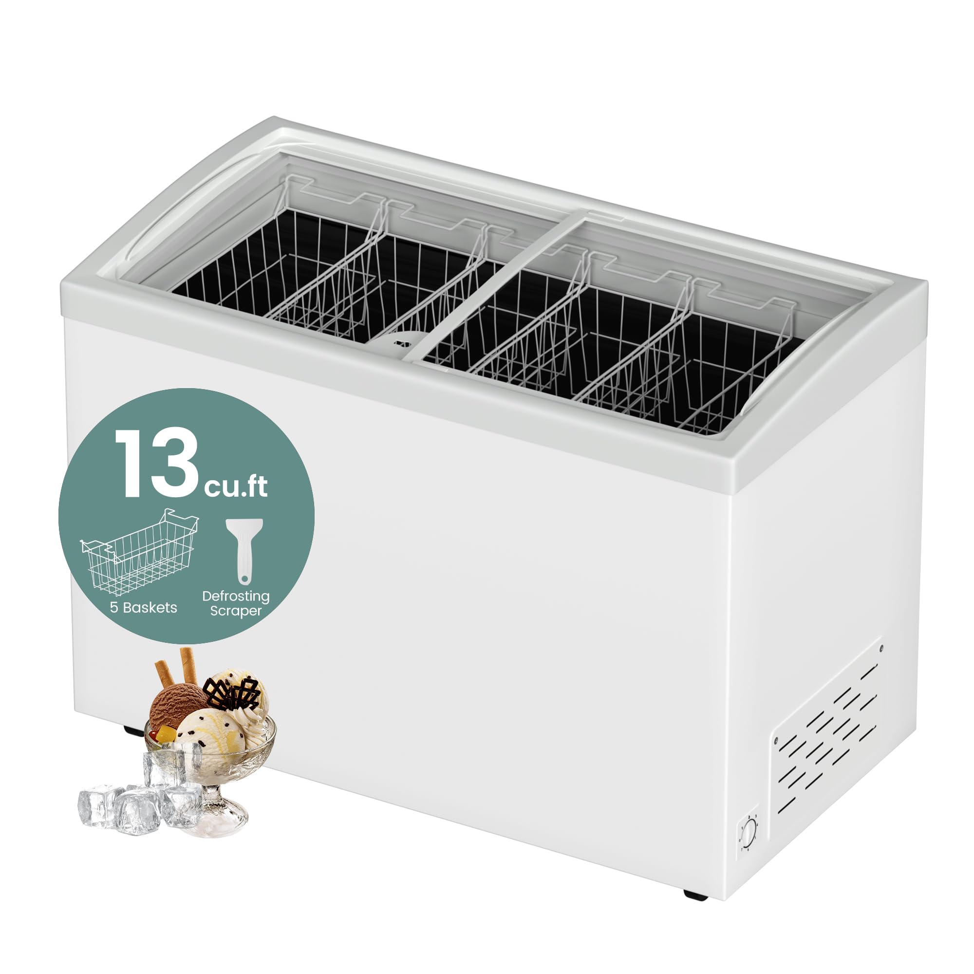 50 Inch Commercial Chest Freezer with Curved Glass Door - 13 Cu.ft Deep Freezer for Ice Cream Display (-9.4°F to 3.2°F) | 5 Removable Baskets & Lock | Perfect for Shops, Kitchens & Business Use