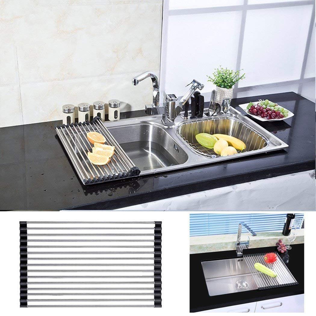 Stainless Steel Roll-Up Dish Drying Rack for Kitchen Sink - Space Saving 47x47cm Black Dish Drainer for Dishes, Utensils, Fruits & Vegetables - Perfect for Small Kitchens, Apartments & RVs