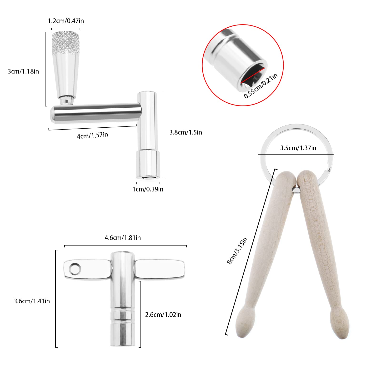 3Pcs Drum Kit Tuning Key Set - Continuous Motion Speed Key, Drumstick Keychain & Drum Wrench Tool for Snare Drums, Bass Drums - Perfect for Drum Maintenance & Live Performances
