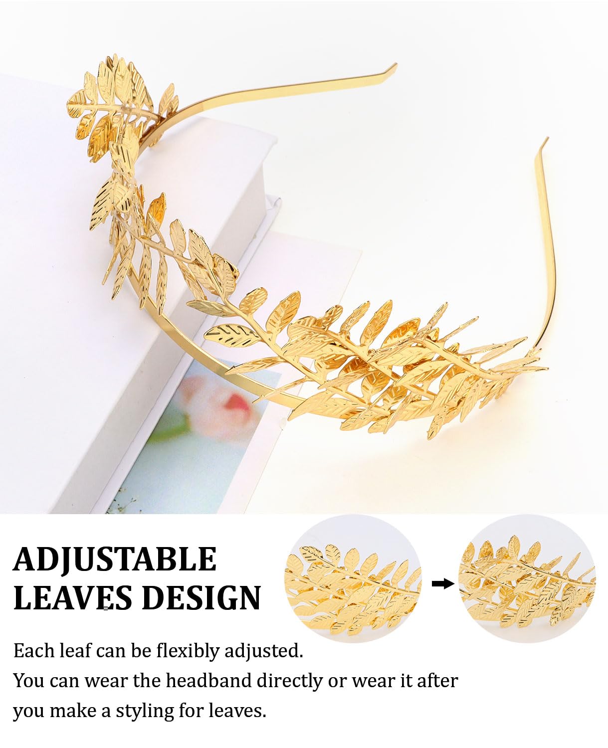 Wecoe Gold Leaf Headband for Women & Girls - Elegant Bridal Tiara Crown, Flower Girl Halo Headpiece, Greek Goddess Toga Costume Hair Accessory - Perfect for Weddings, Parties & Cosplay